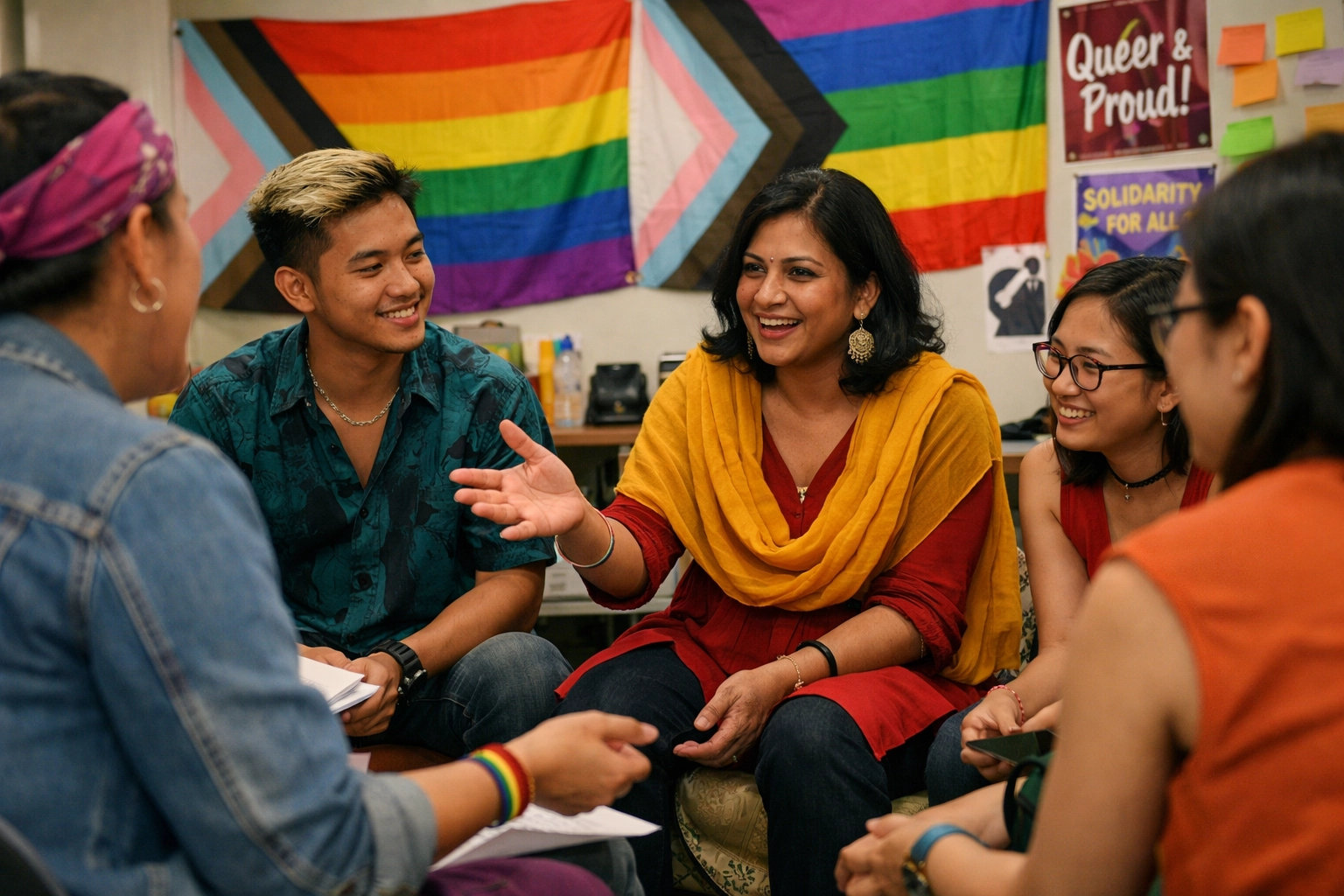 South Asian and Southeast Asian queer activists collaborating on intersectional advocacy and AAPI community building.