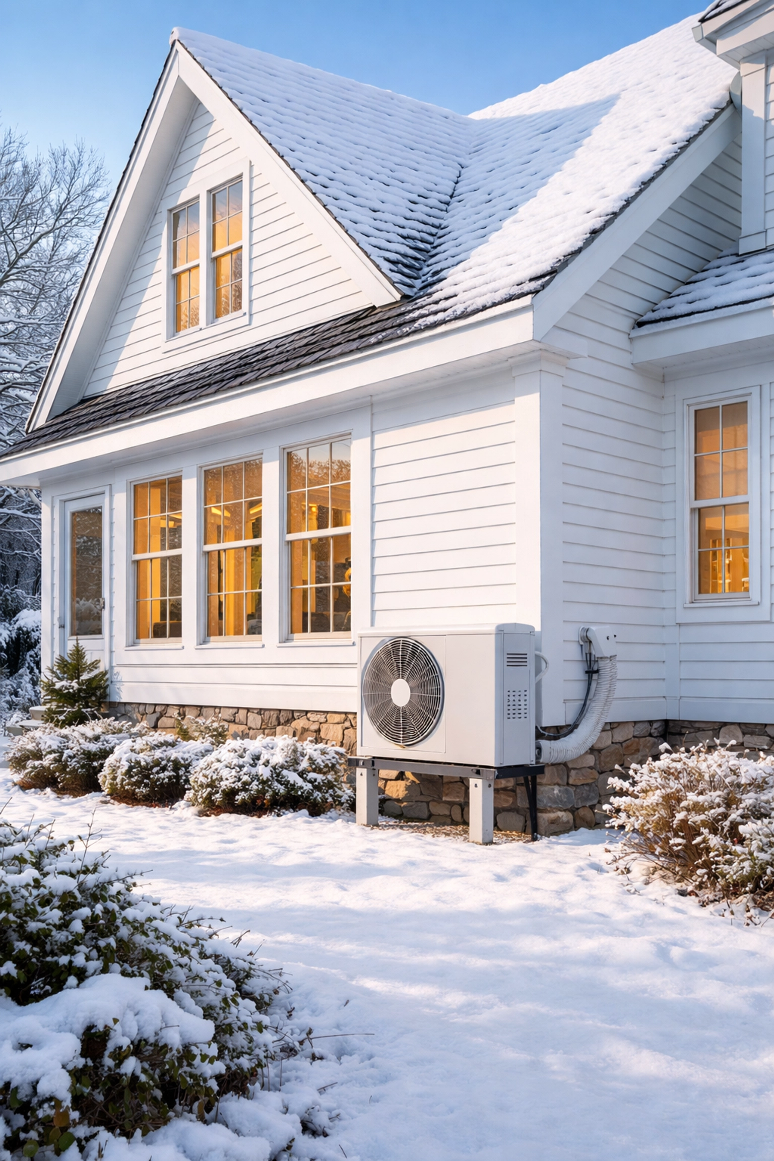Heat pump installed on a Cape Cod style Maine home in winter with snow on the ground