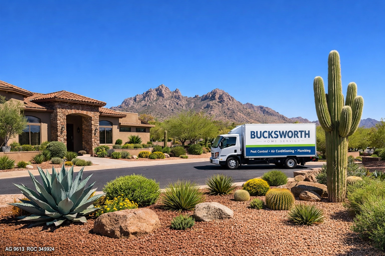 A clean, weed-free Scottsdale landscape in Troon North featuring a Bucksworth Home Services branded vehicle.
