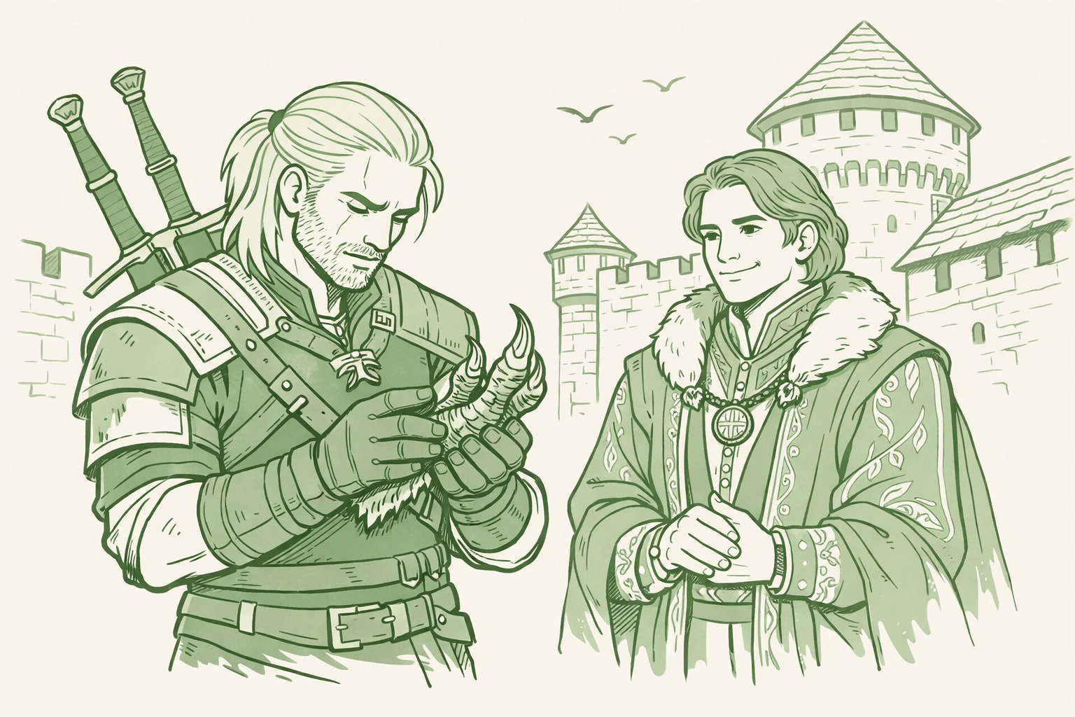Gay witcher examines griffin talon while nobleman watches admiringly at castle
