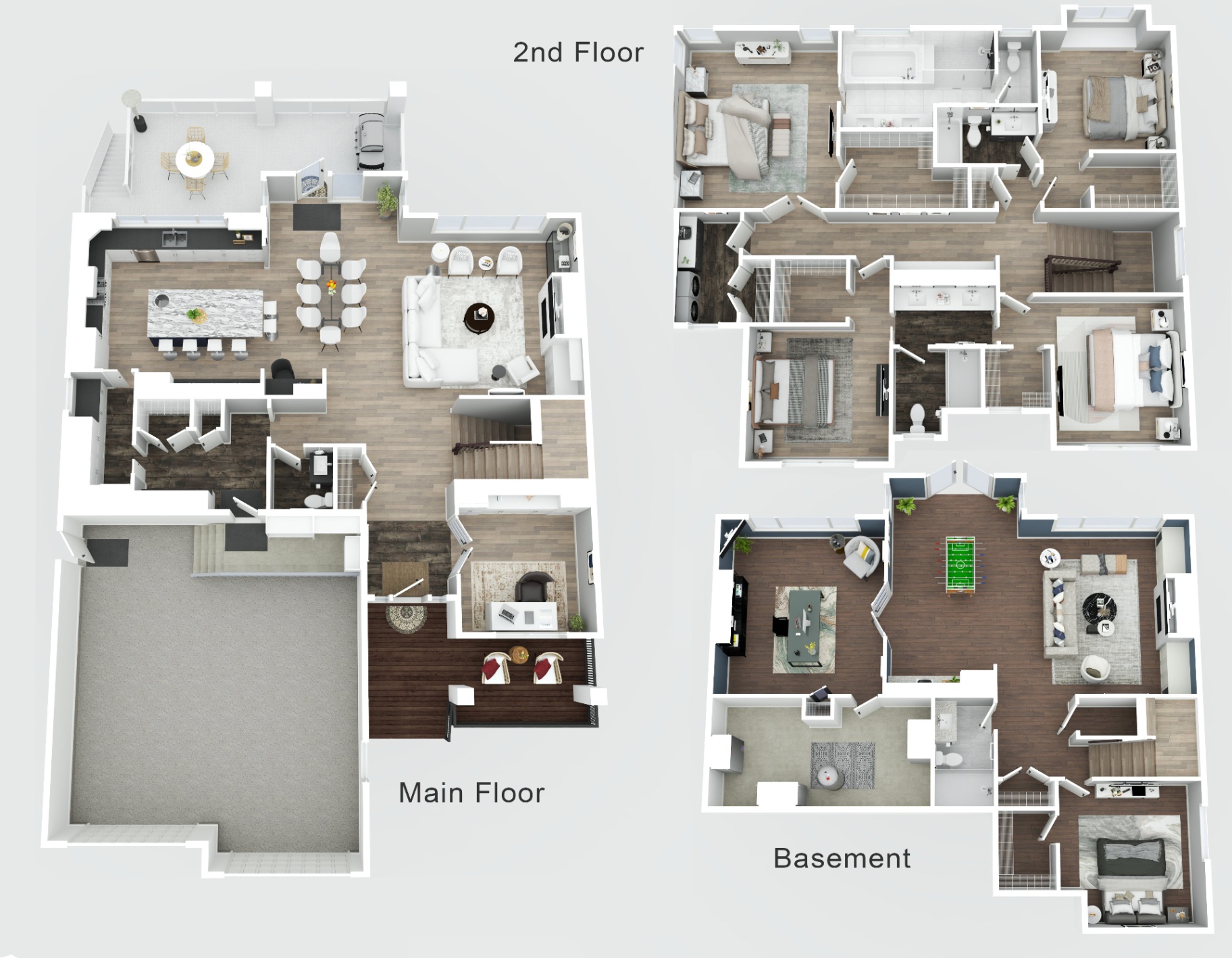 3D rendered floor plan of a multi-level home A 3D rendered floor plan featuring detailed layouts of the main floor, second floor, and basement. Highlights include open concept living and dining areas, multiple bedrooms and bathrooms, a home office, recreation room, large garage, and outdoor patio. Suitable for immersive virtual tours and real estate marketing.