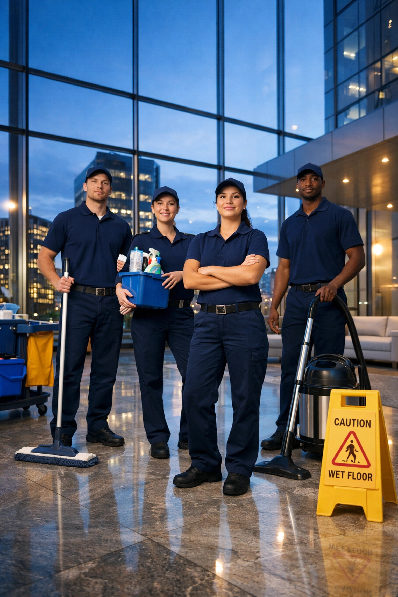Professional commercial cleaning crew in modern office building lobby