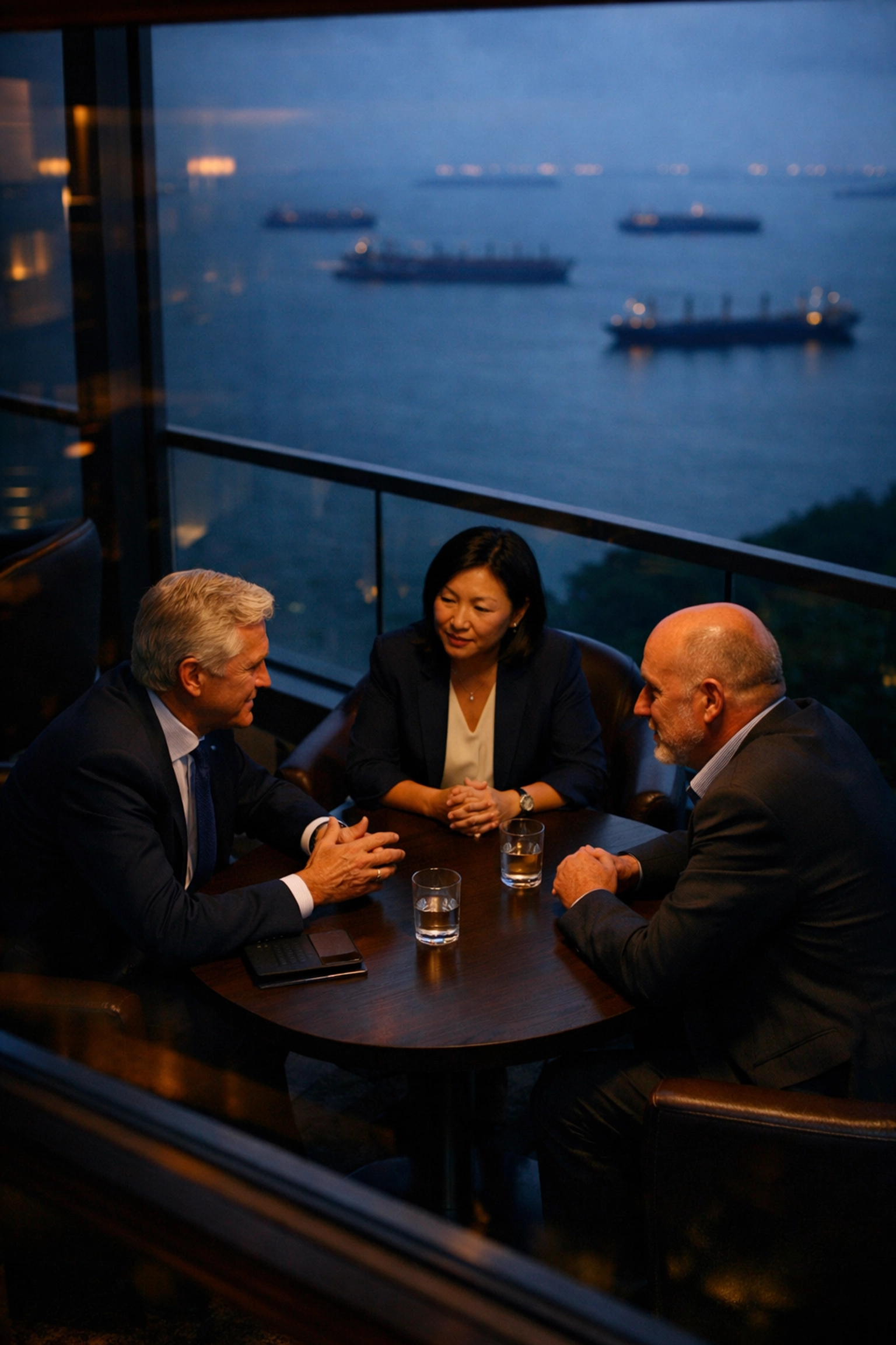 Retail C-suite leaders in a strategic networking session overlooking the Singapore Strait cargo shipping lanes.