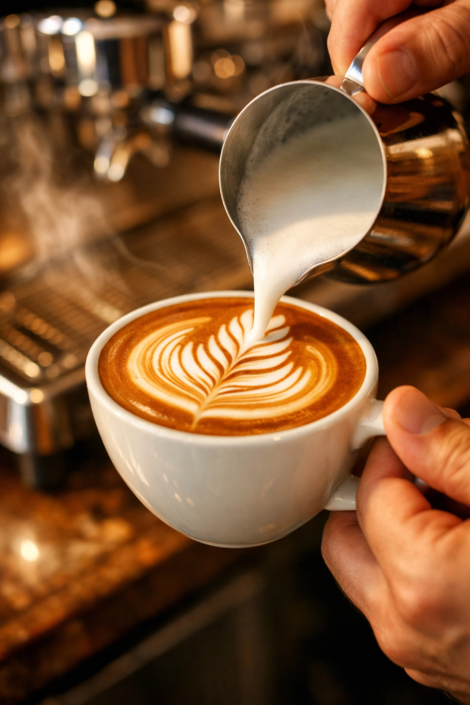A skilled barista pouring latte art into a specialty coffee drink, showcasing premium cafe quality and craft.
