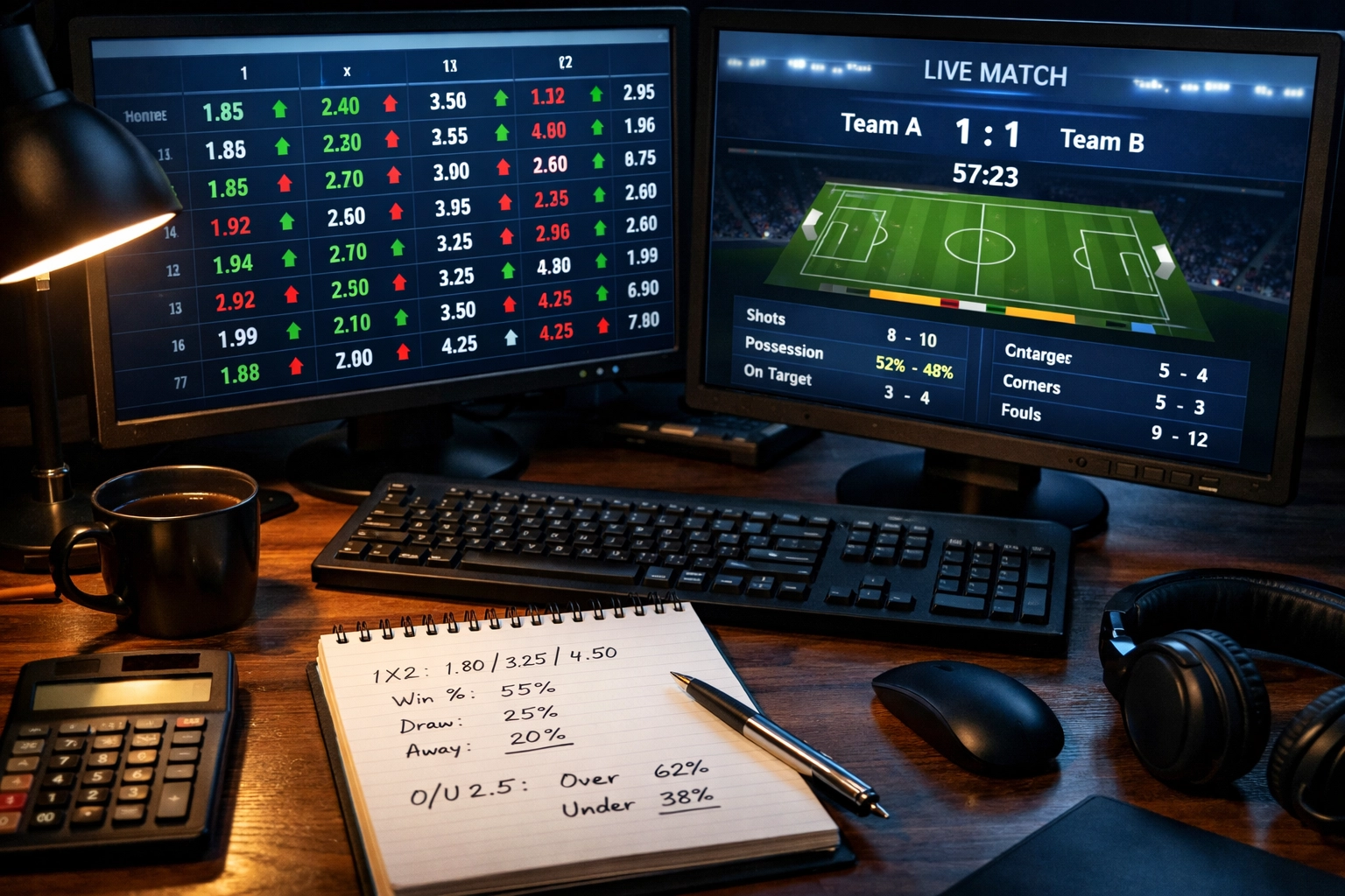 Quotenvergleich und Live-Wetten Analyse auf Monitor-Setup mit Statistiken