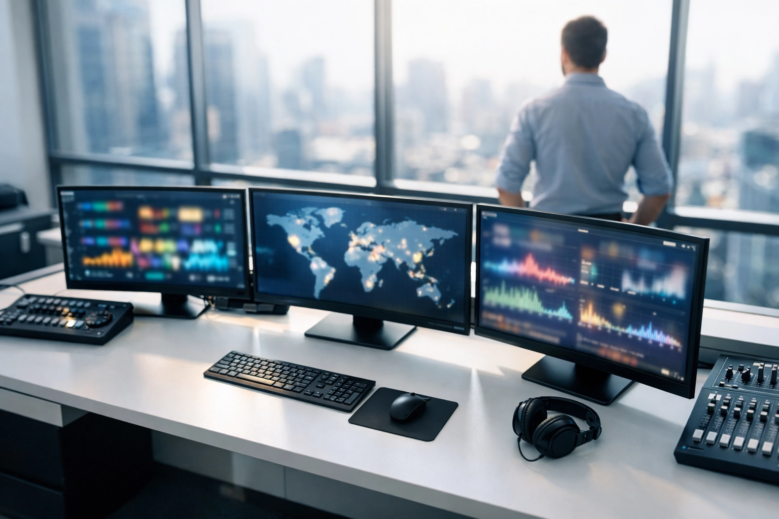 Modern media operations center with data monitors representing Dakdan's synchronized innovation engine and brand distribution.