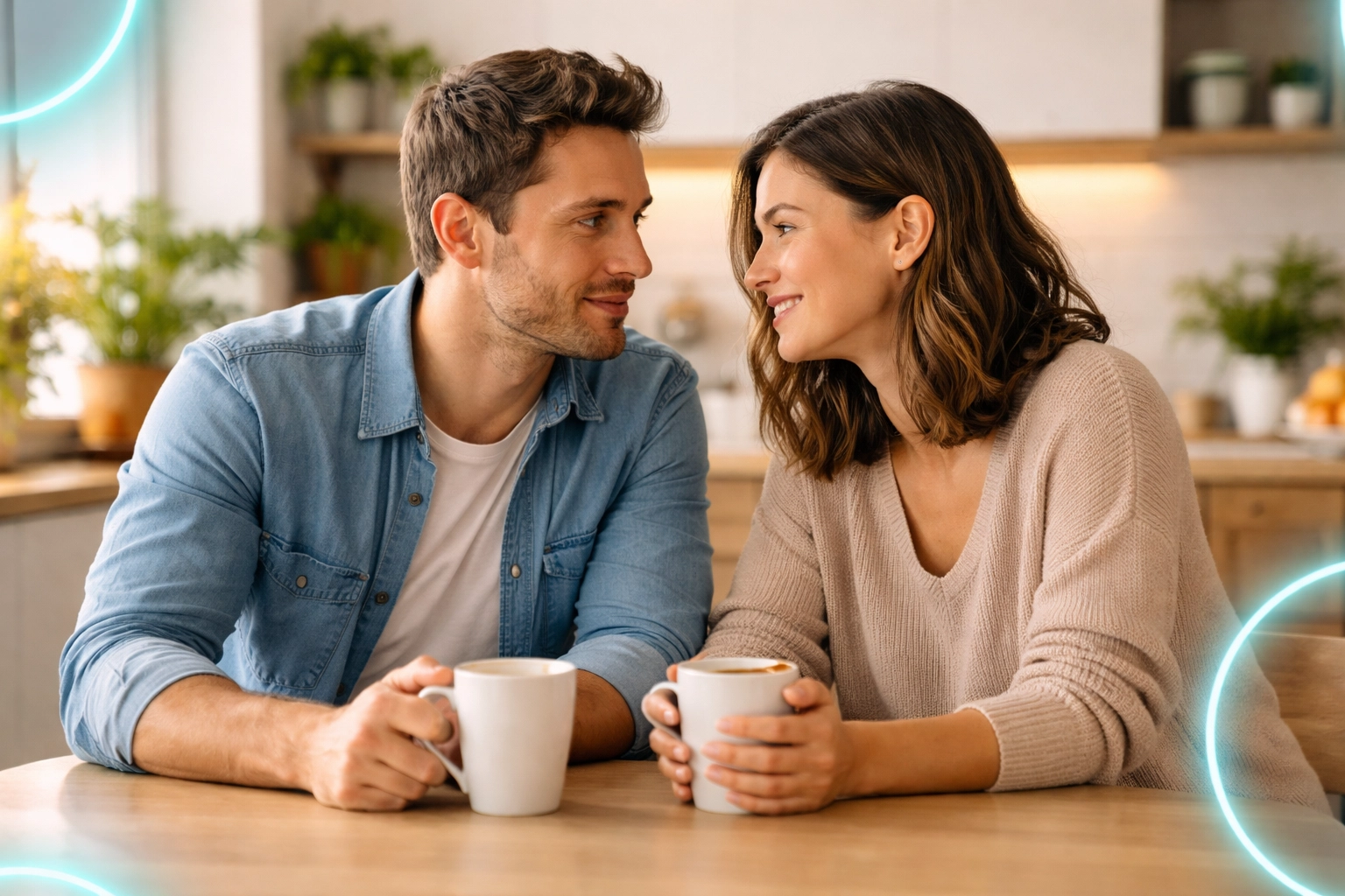 Couple having an open conversation at a kitchen table about crossdressing in relationships