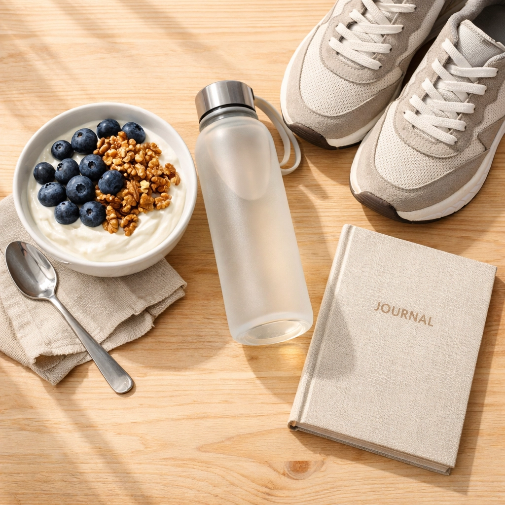 Postpartum wellness essentials like healthy protein and walking shoes to support a healthy metabolism and recovery.