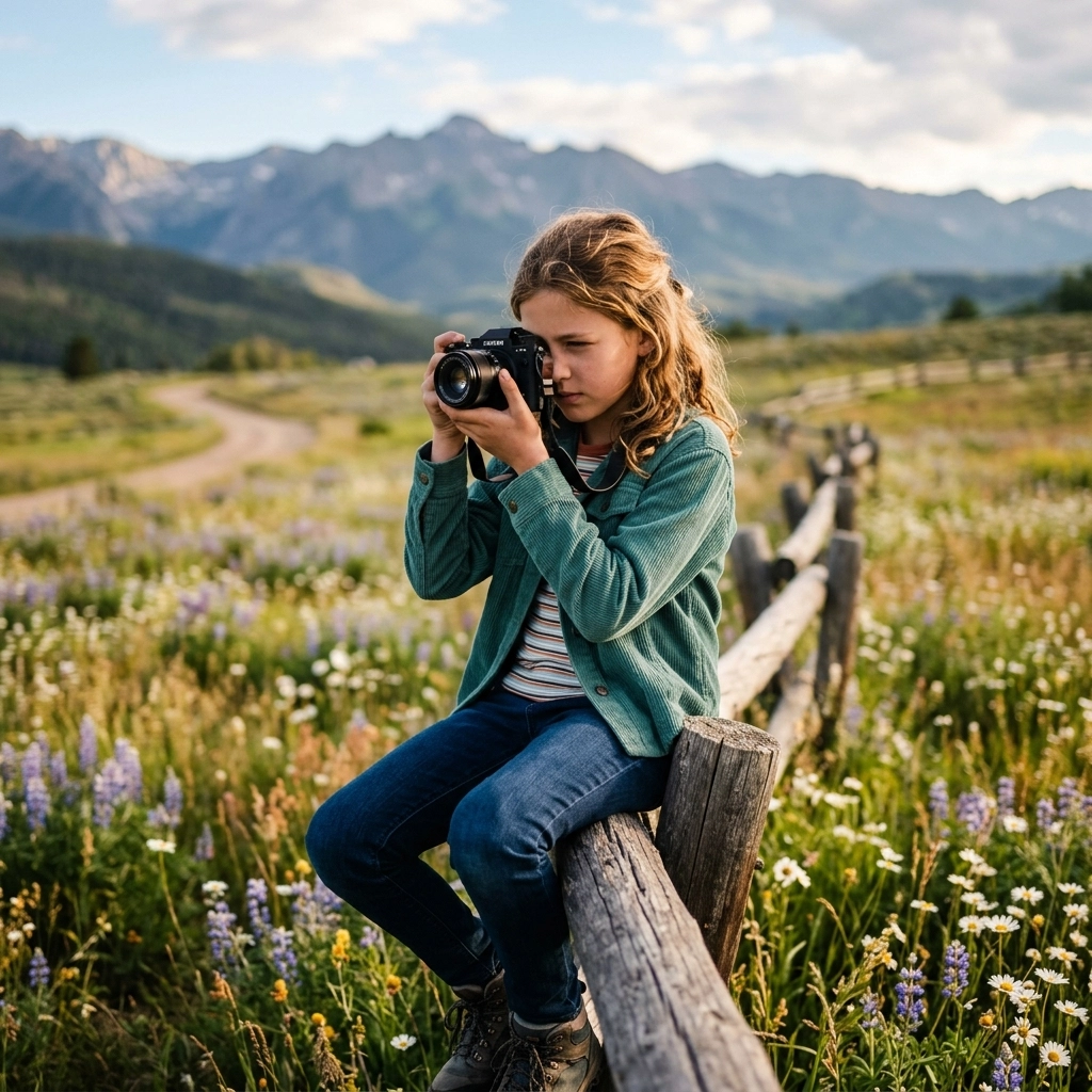 Struggling for Family Trip Ideas? 50+ Fun Activities Your Kids Will Actually Love 3 Young girl taking photos in a mountain meadow, a creative and engaging travel activity for kids.