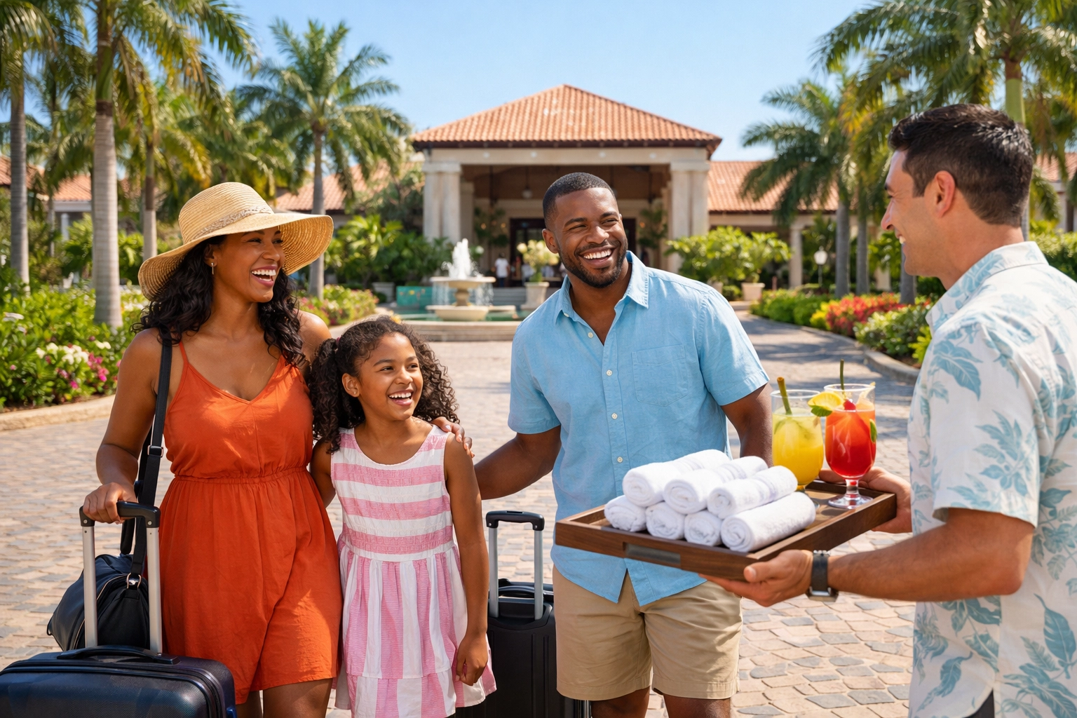 Happy family arriving at a Caribbean resort, highlighting the value of bundled all inclusive vacation packages.