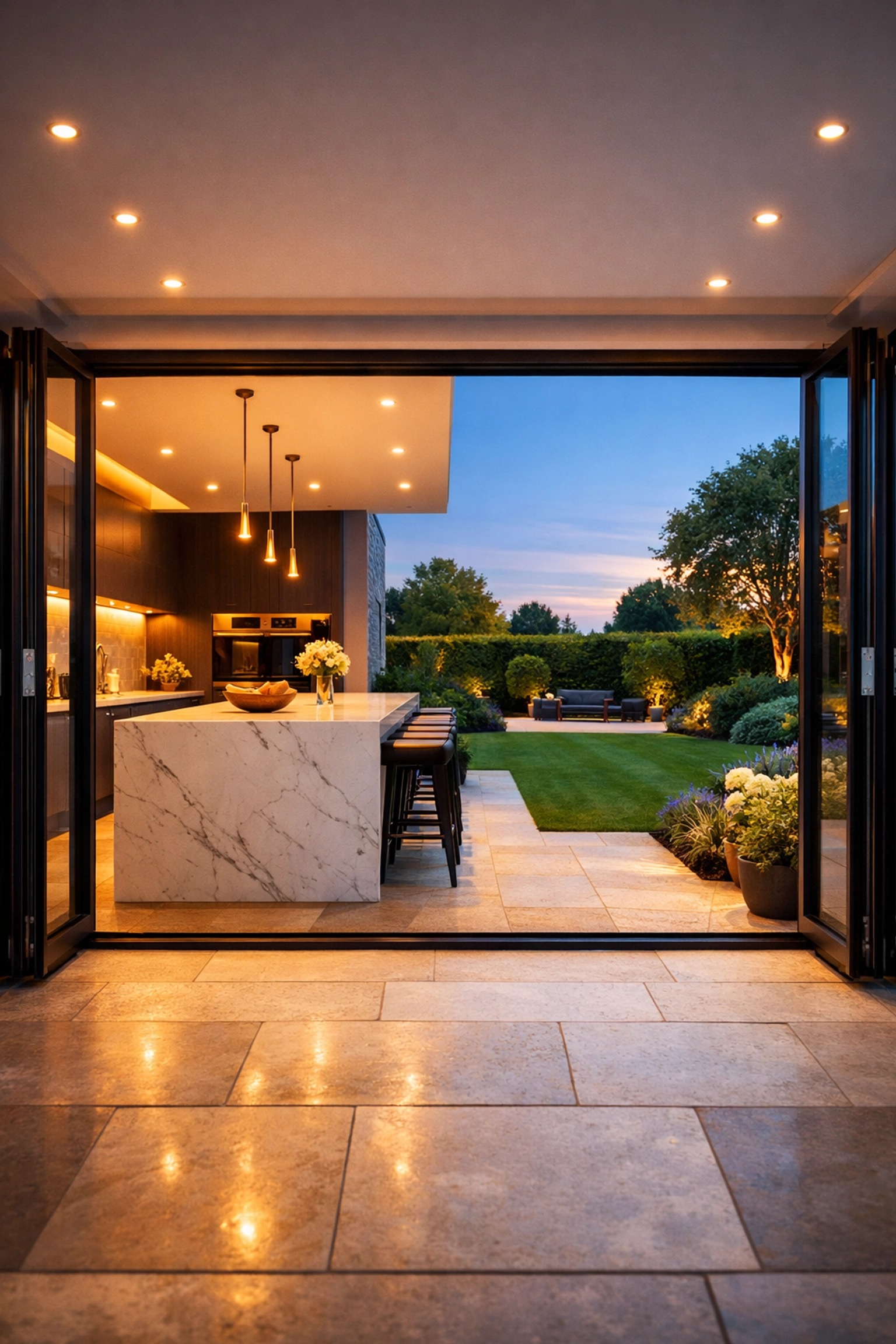 Modern open-plan kitchen extension with bi-fold doors opening onto a manicured garden patio.