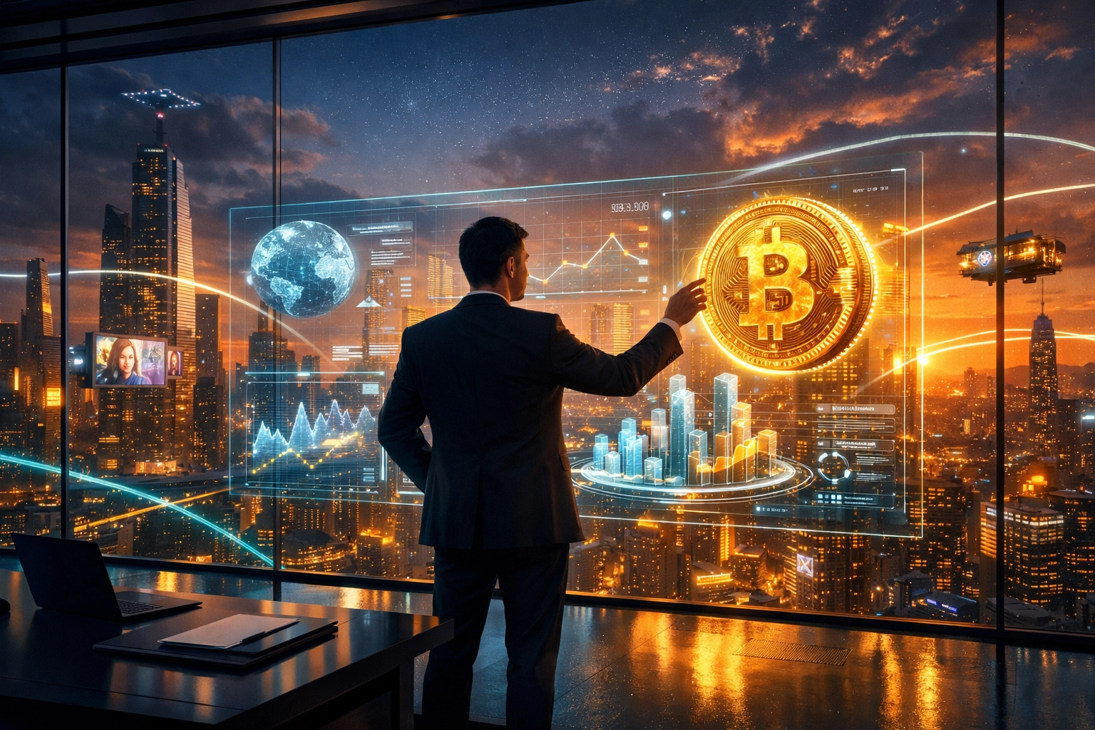 Visionary entrepreneur managing digital assets and Web3 commerce in a futuristic metaverse setting.