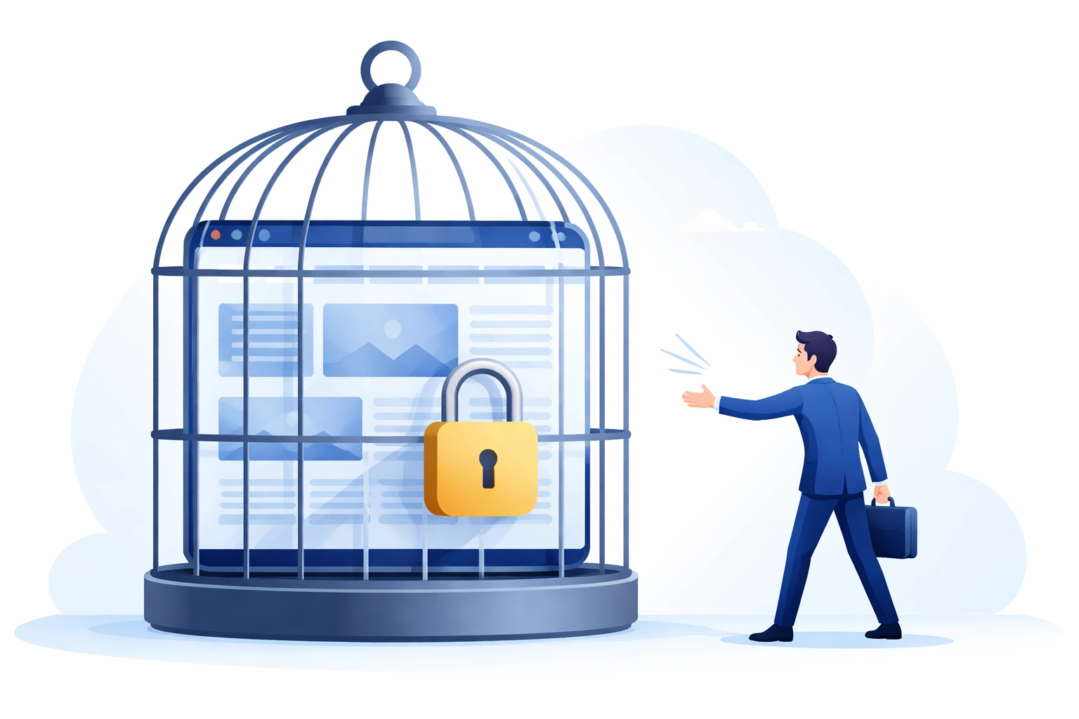 Website in a padlocked birdcage out of business owner's reach, representing lack of site ownership with free builders