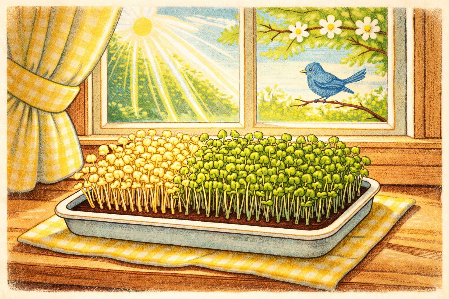 Sprouts beginning to green in a tray on a kitchen windowsill with sunlight and a bluebird outside