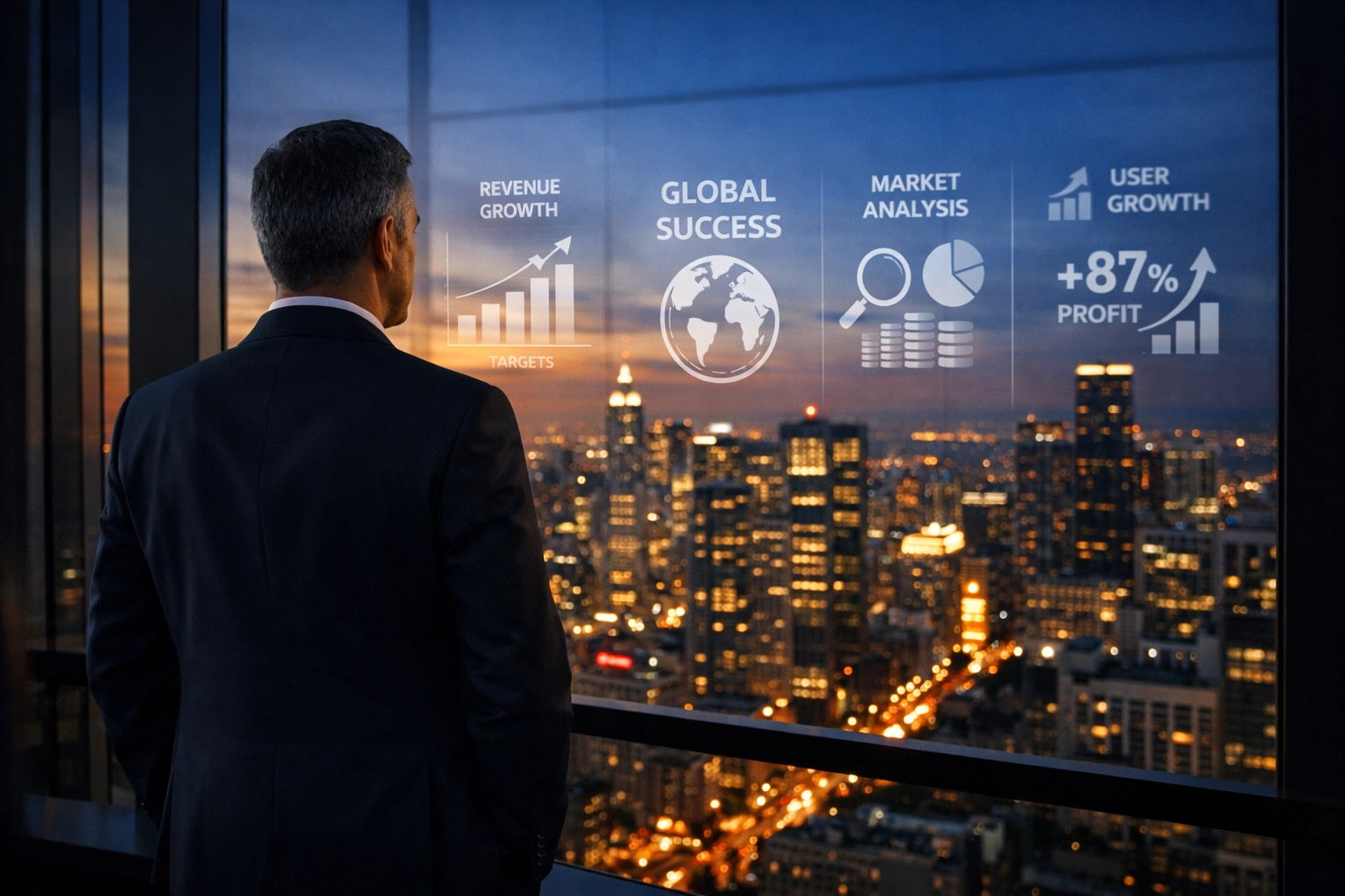 The Proven Super Bowl Corporate Branding Framework: Turn Game Day Into Year-Round Revenue Corporate leader overlooking a city skyline while monitoring brand performance metrics.