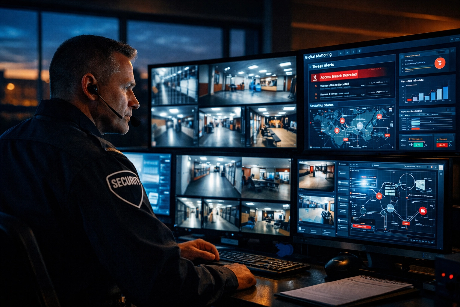 Campus security officer monitoring surveillance screens in Northern Virginia school command center