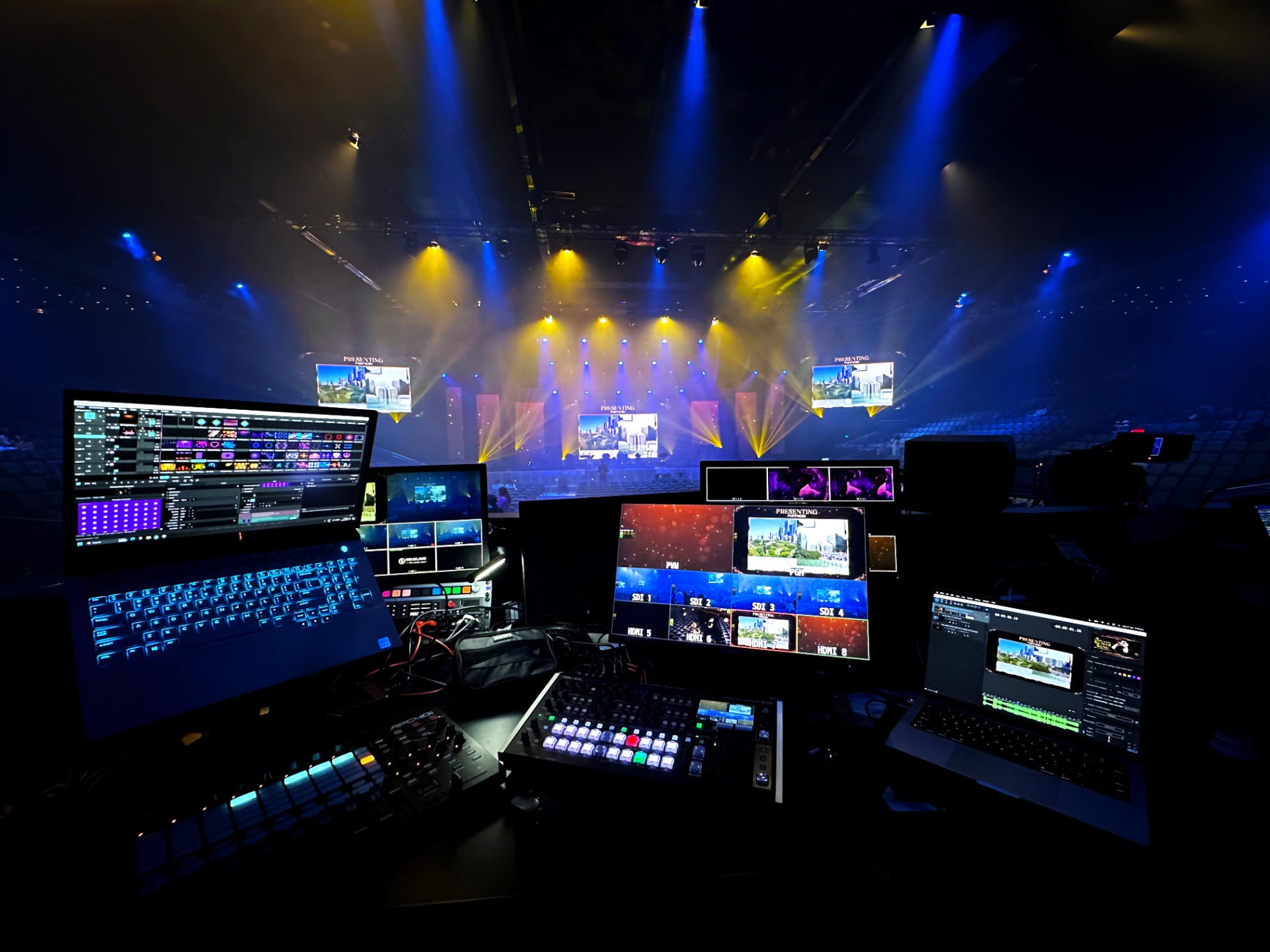 Professional AV production setup at a live event