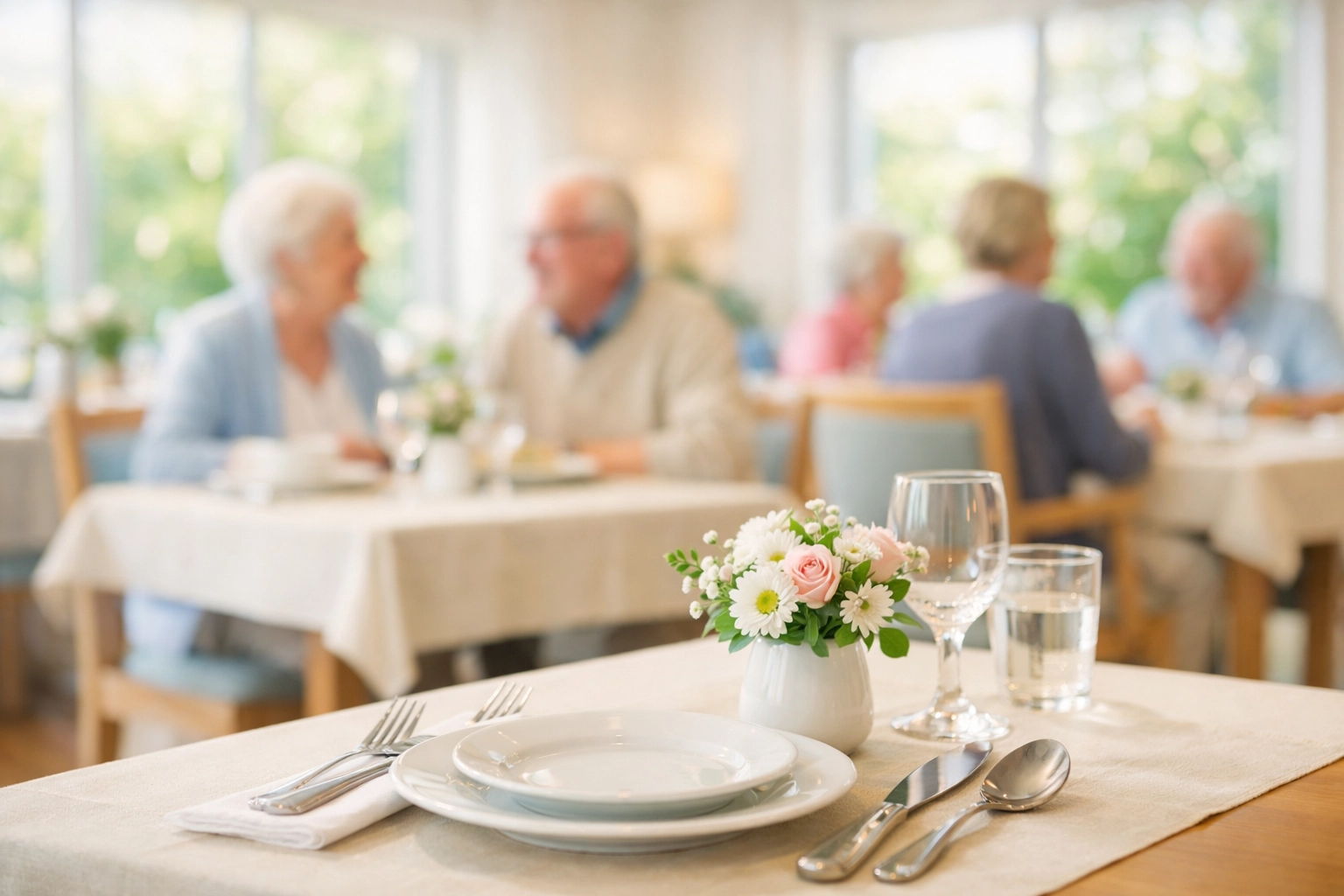 Seniors enjoying restaurant-style dining at Sarasota assisted living community