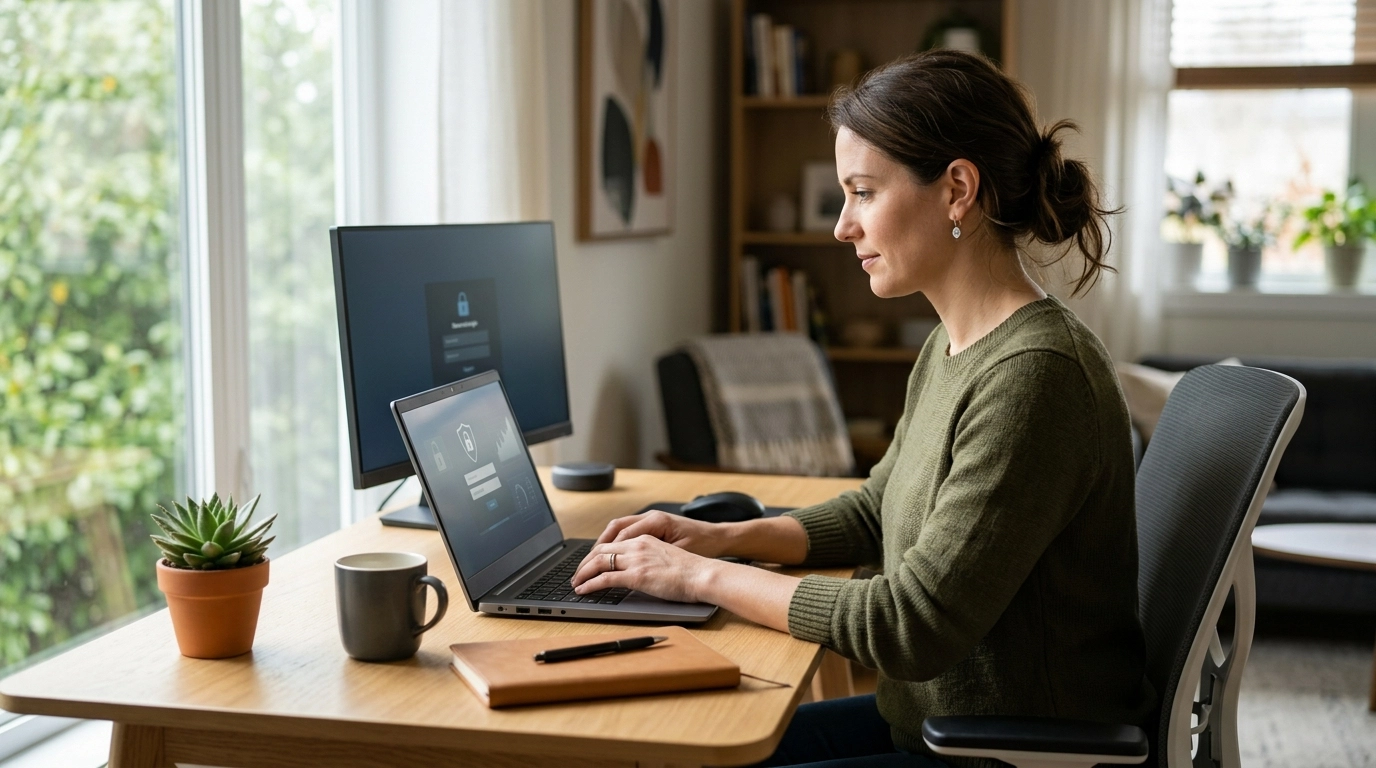 Professional working securely from a tidy home office setup