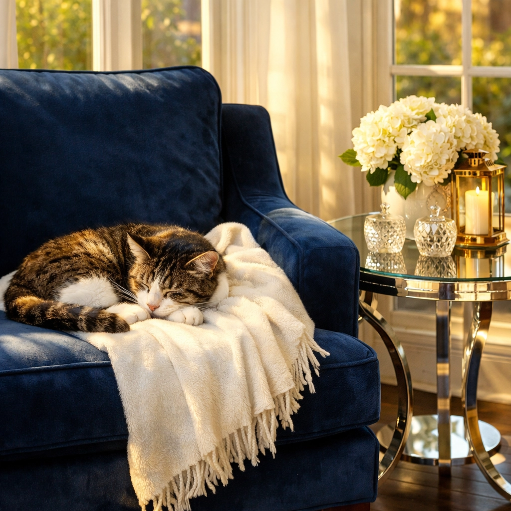 A content cat resting in a sun-drenched Boxford home cleaned with pet-safe products.