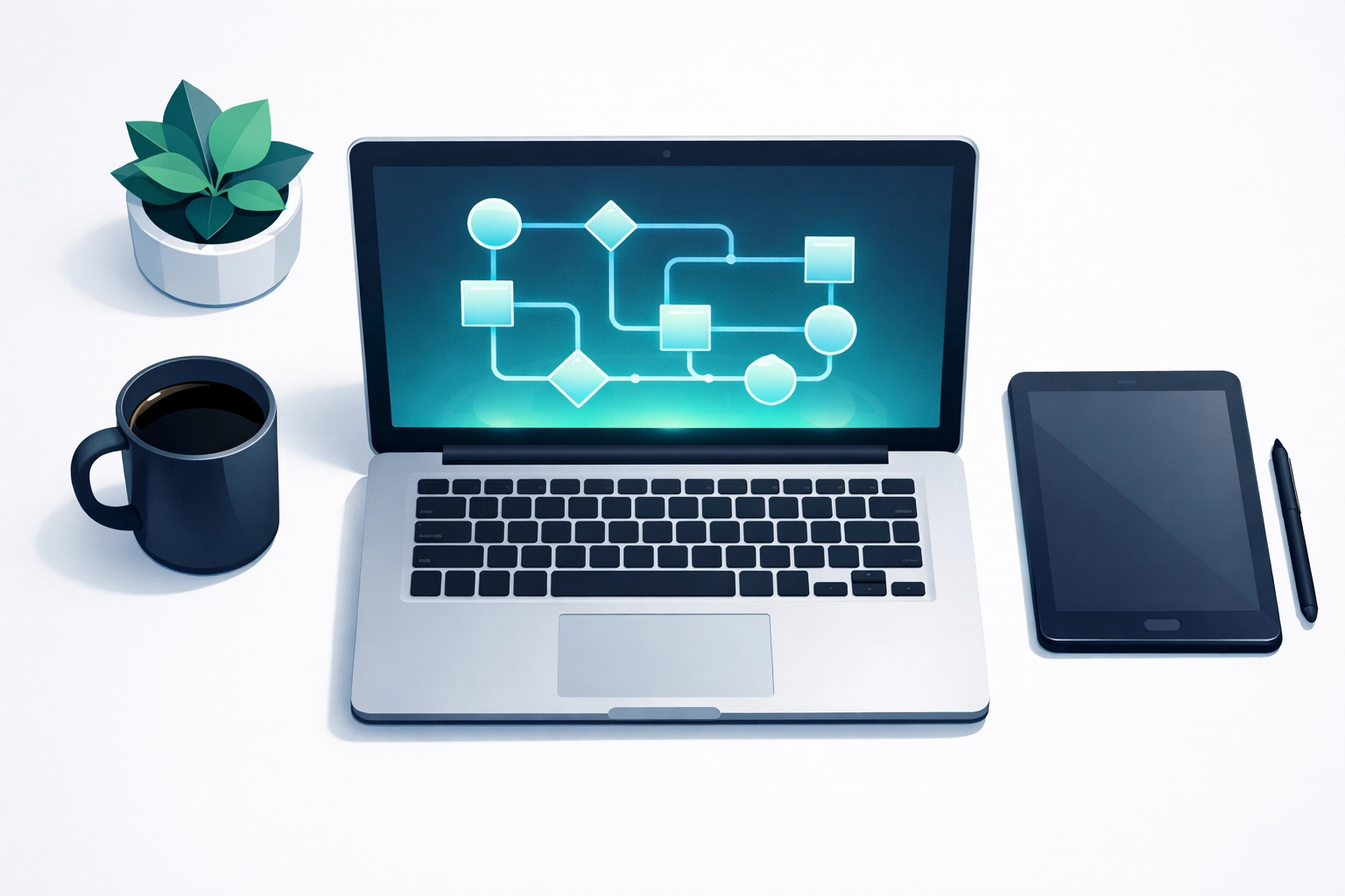 Digital process mapping on a laptop in a remote office setting for a virtual Gemba Walk and process improvement.