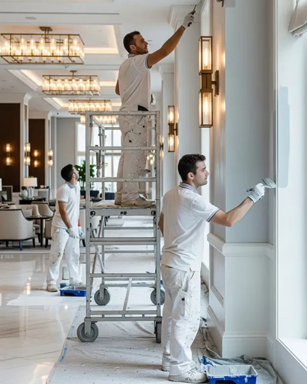 Professional painters meticulously finishing high-end residential interiors