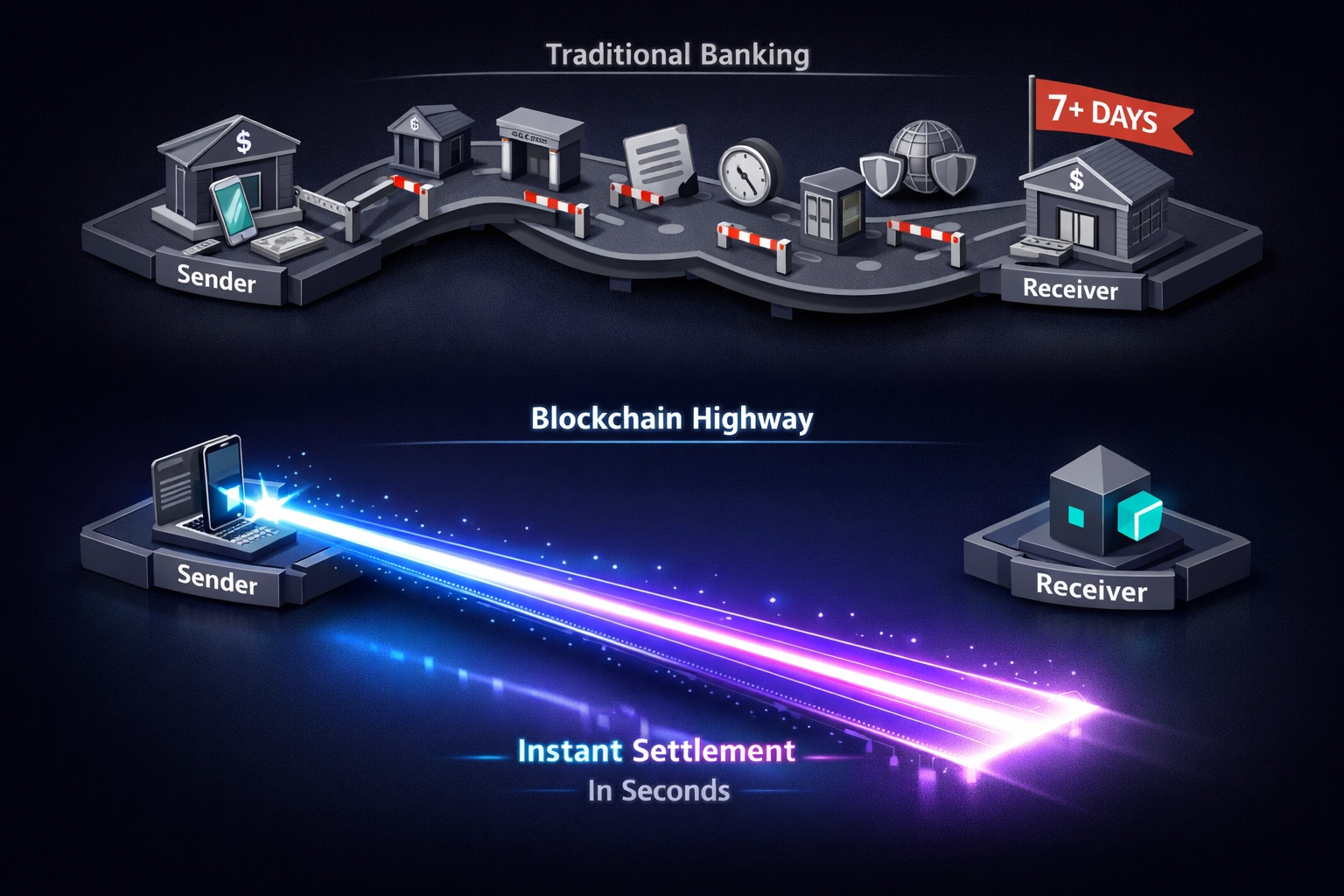 Payment flow comparison: traditional processor delays versus instant blockchain settlement