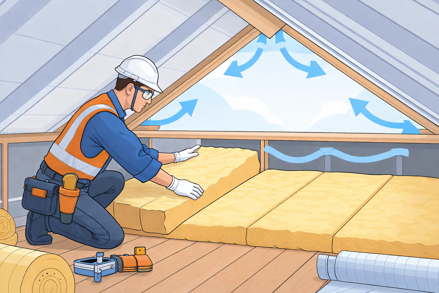 Professional installer fitting loft insulation with clear eave gaps to ensure safe, ventilated roof space.