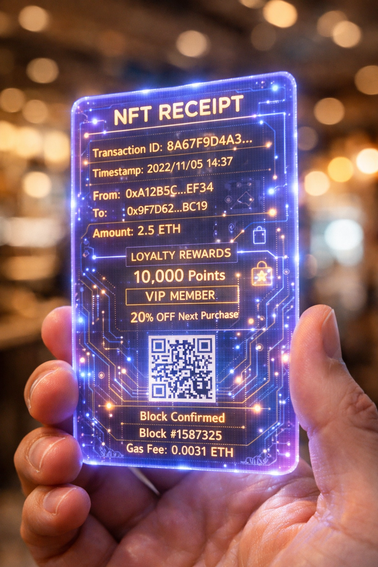 Digital NFT receipt with blockchain transaction details and embedded loyalty rewards
