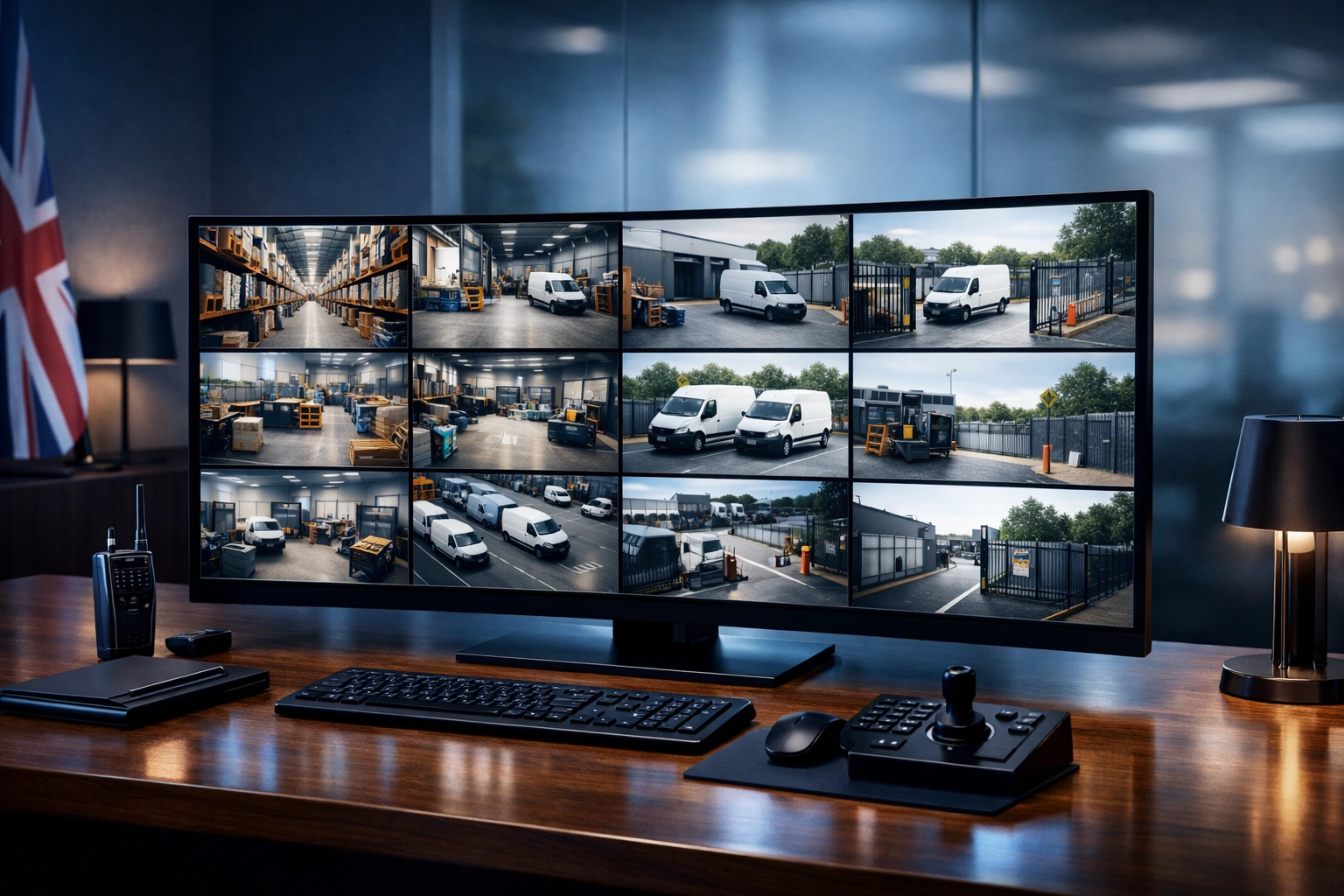 High-definition business security monitor showing warehouse and industrial yard CCTV feeds.
