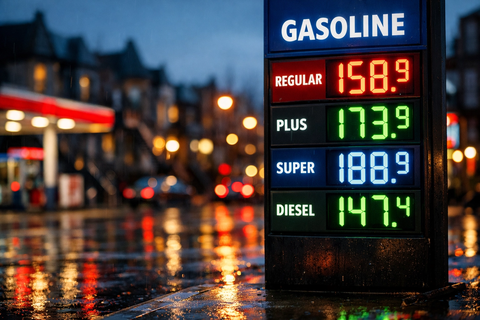 A Montreal gas station at night showing digital fuel prices, representing global oil market impacts.
