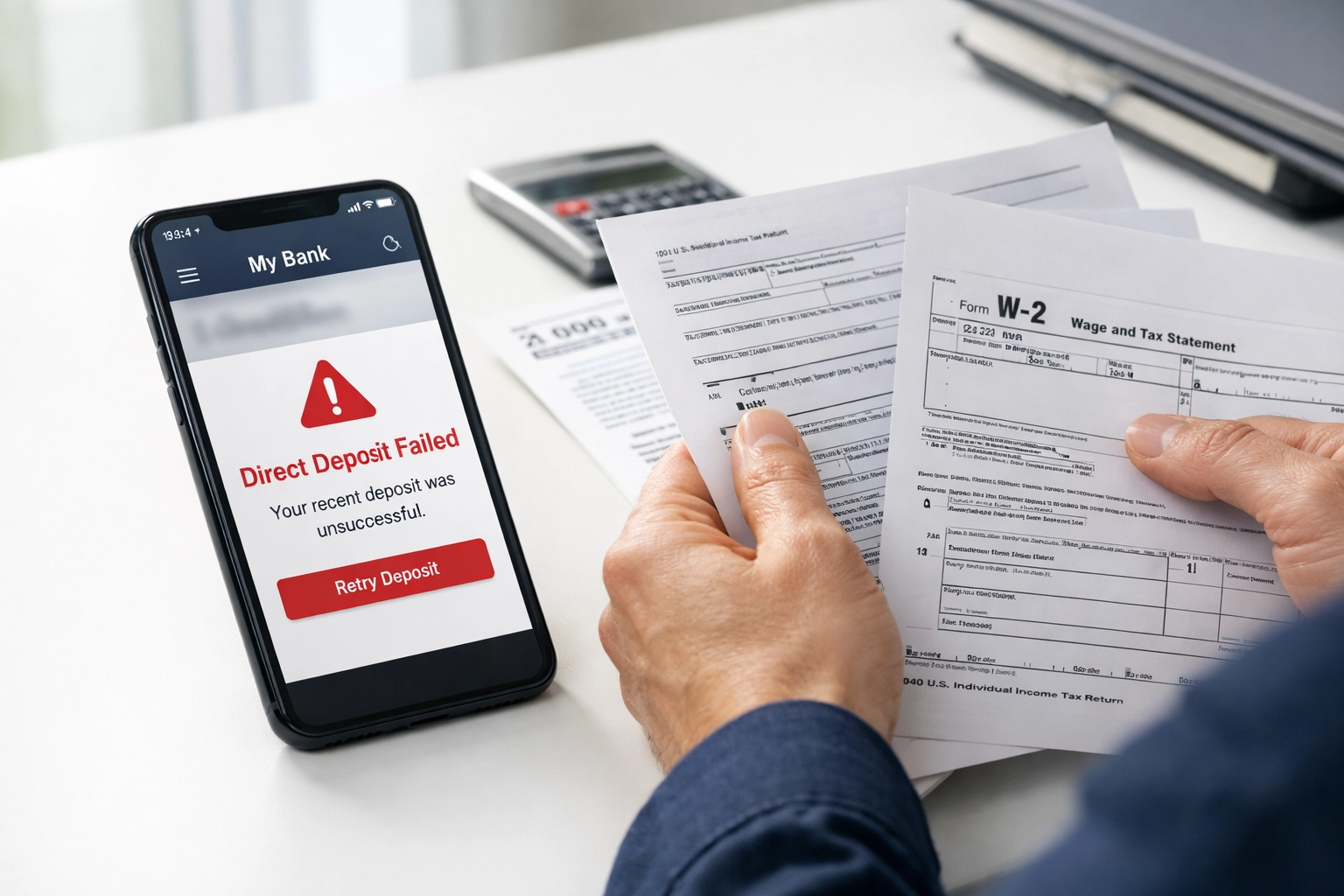 Direct deposit failed error message on smartphone with tax documents and W-2 form on desk
