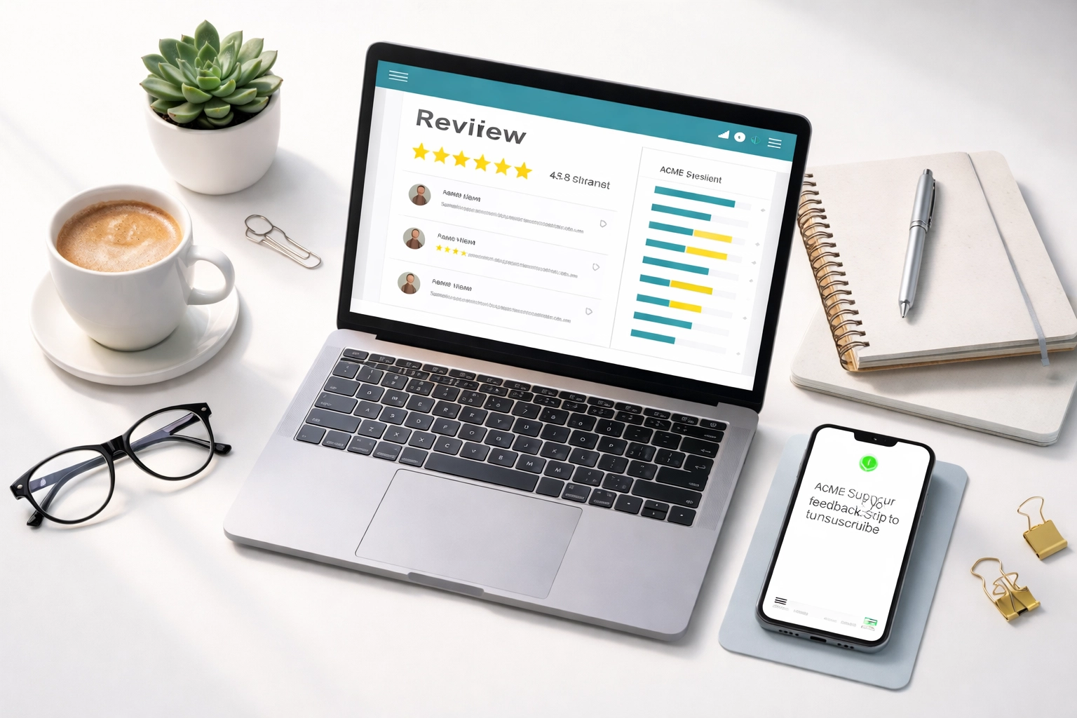 Flat lay of laptop with review dashboard and phone notification, streamlining review management for small businesses.