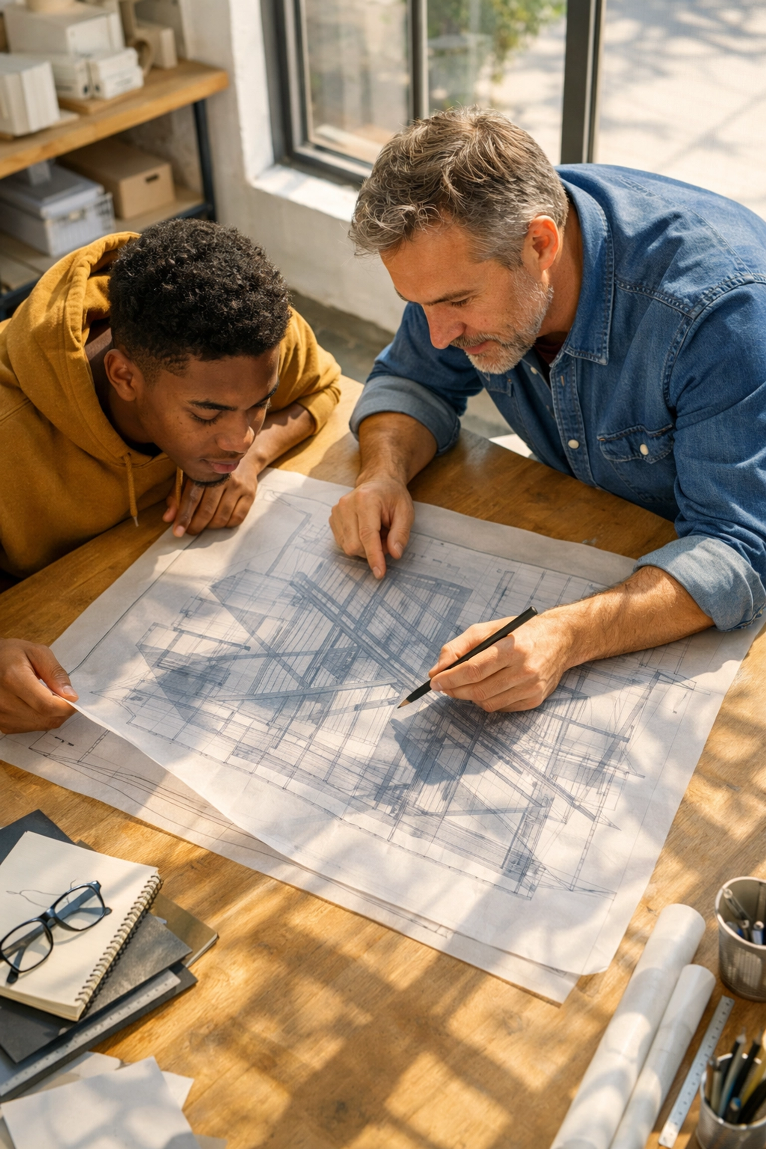 Student and mentor studying geometric patterns and angles on an architectural blueprint for SAT prep.
