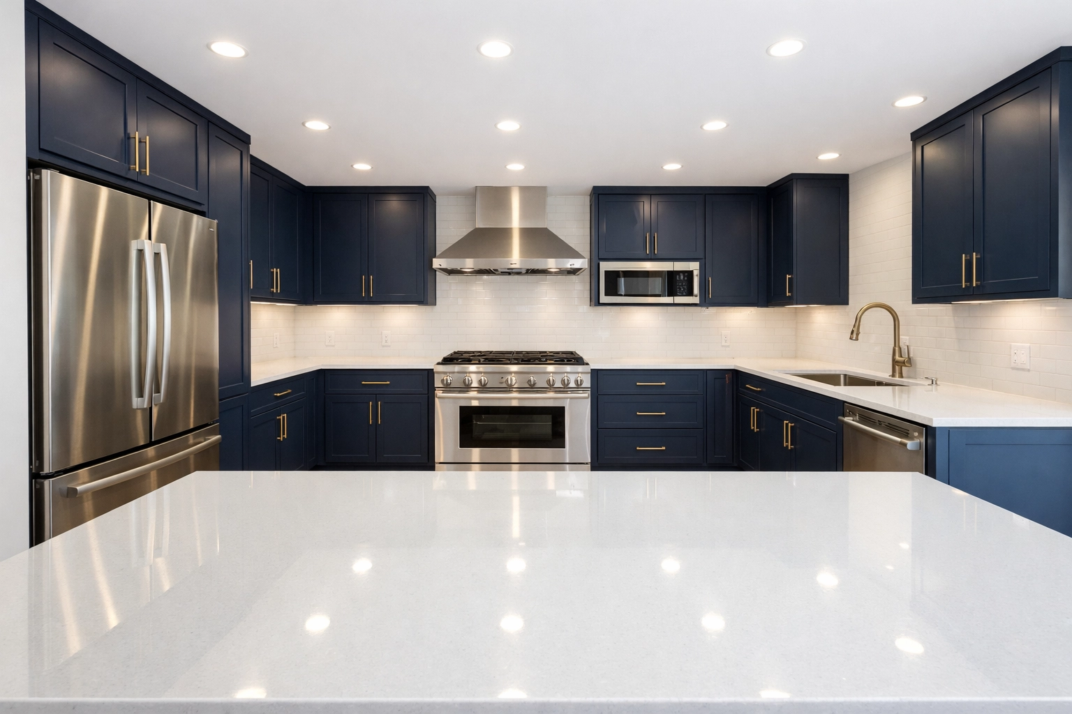 Move-out cleaning Cambridge showing a sparkling modern kitchen with spotless white quartz countertops.