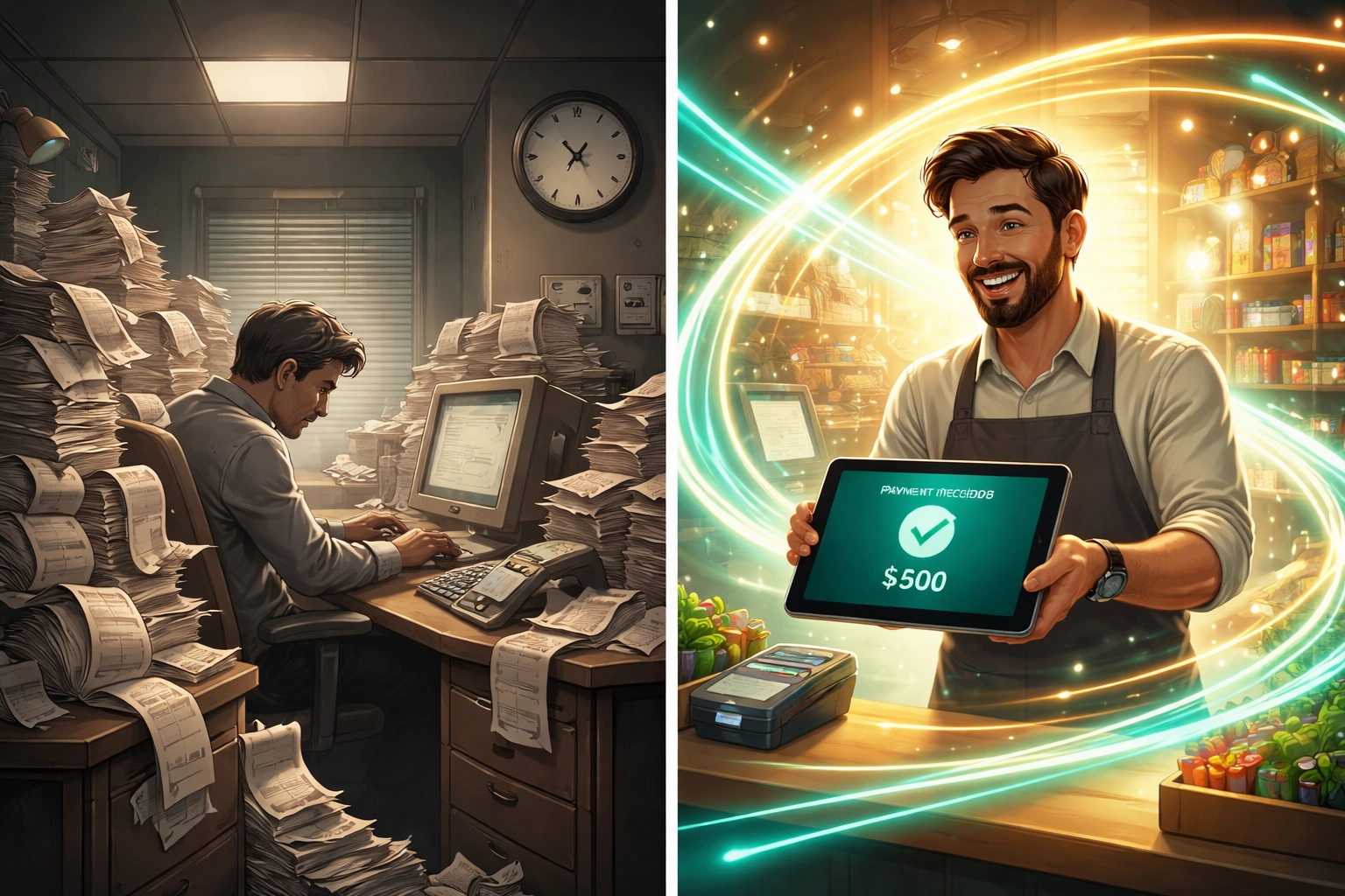 Side-by-side comparison of outdated office with paper receipts and a modern merchant receiving instant crypto payments.