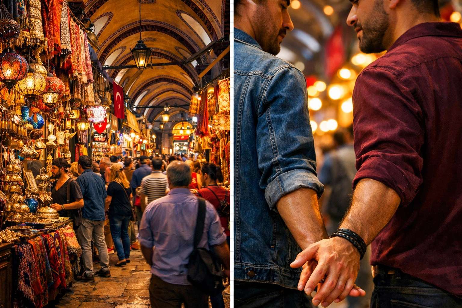 Gay couple's hands nearly touching in Istanbul Grand Bazaar, hidden love in public space