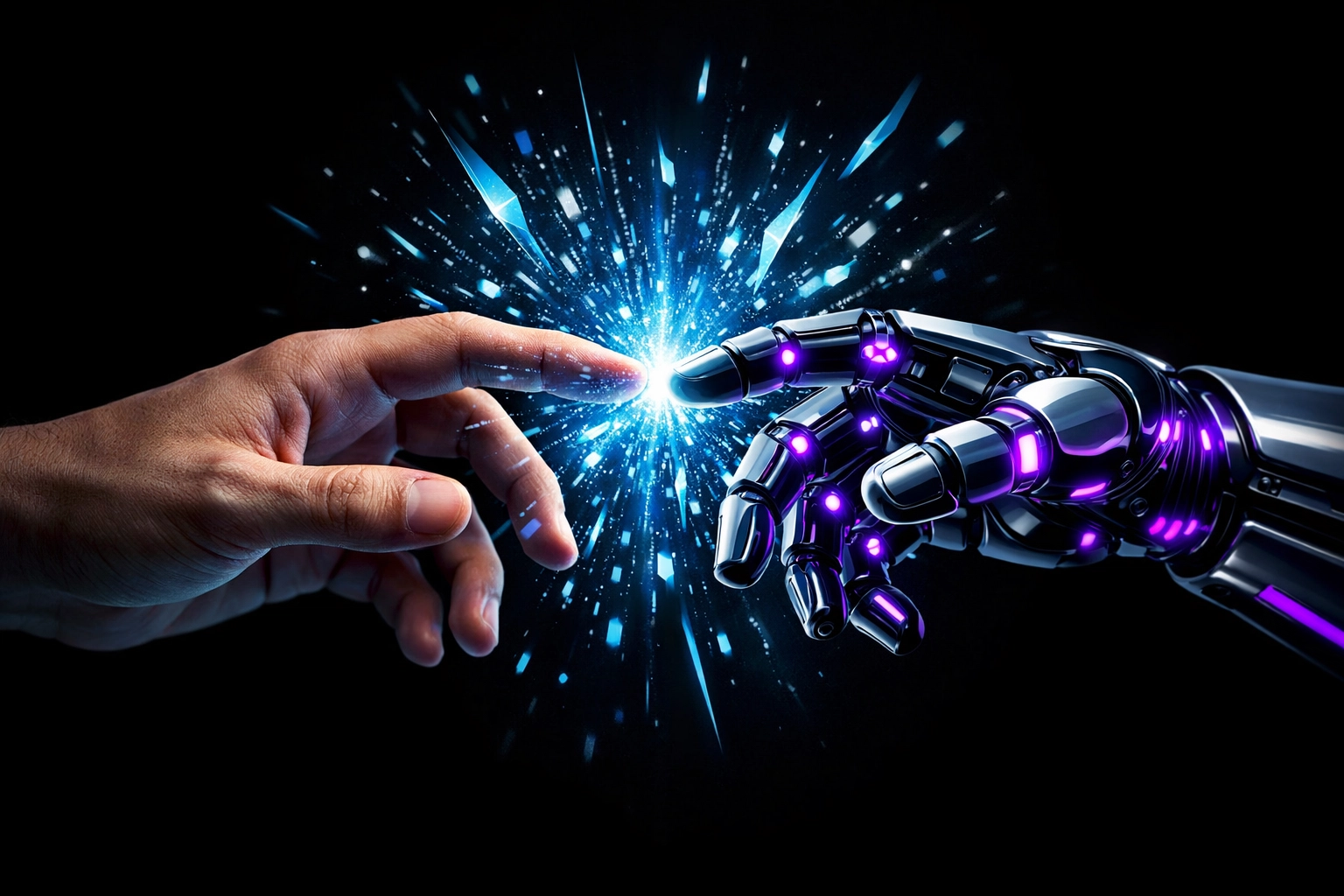 A digital handshake between a human and robot illustrating the power of AI automation and intelligent solutions.