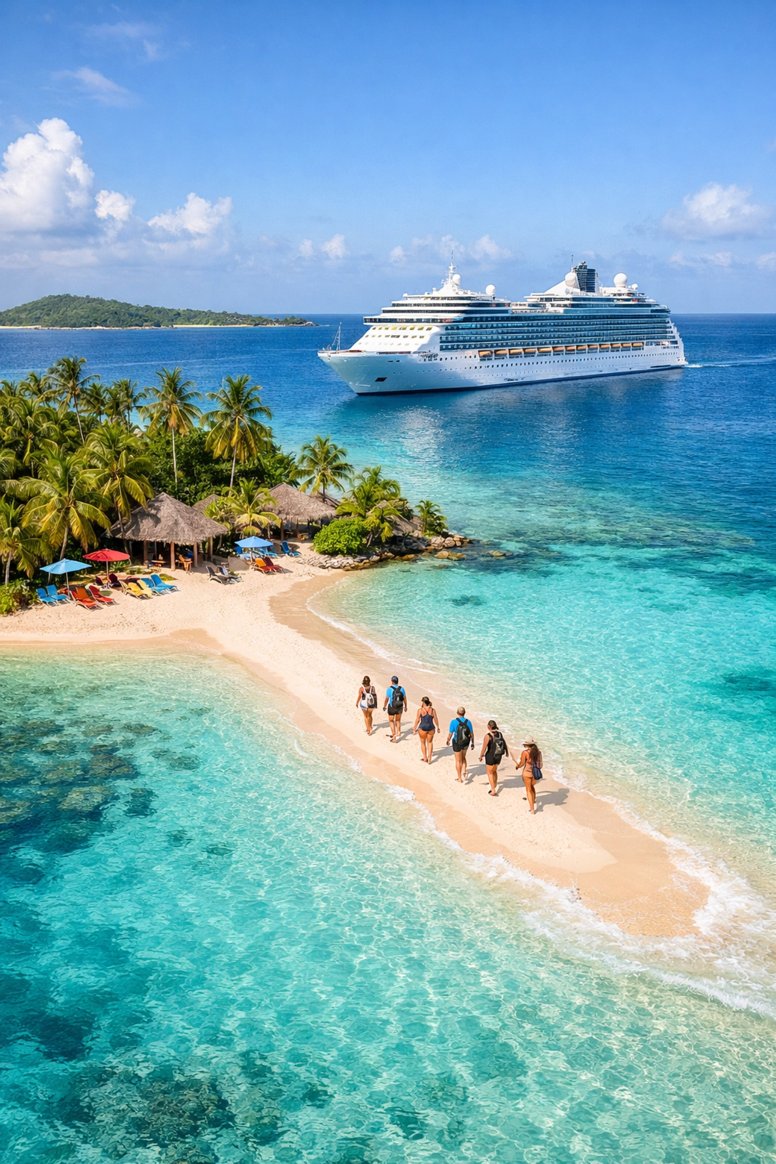 Aerial view of a cruise ship at a private tropical island, ideal for 2026 group cruise deals.
