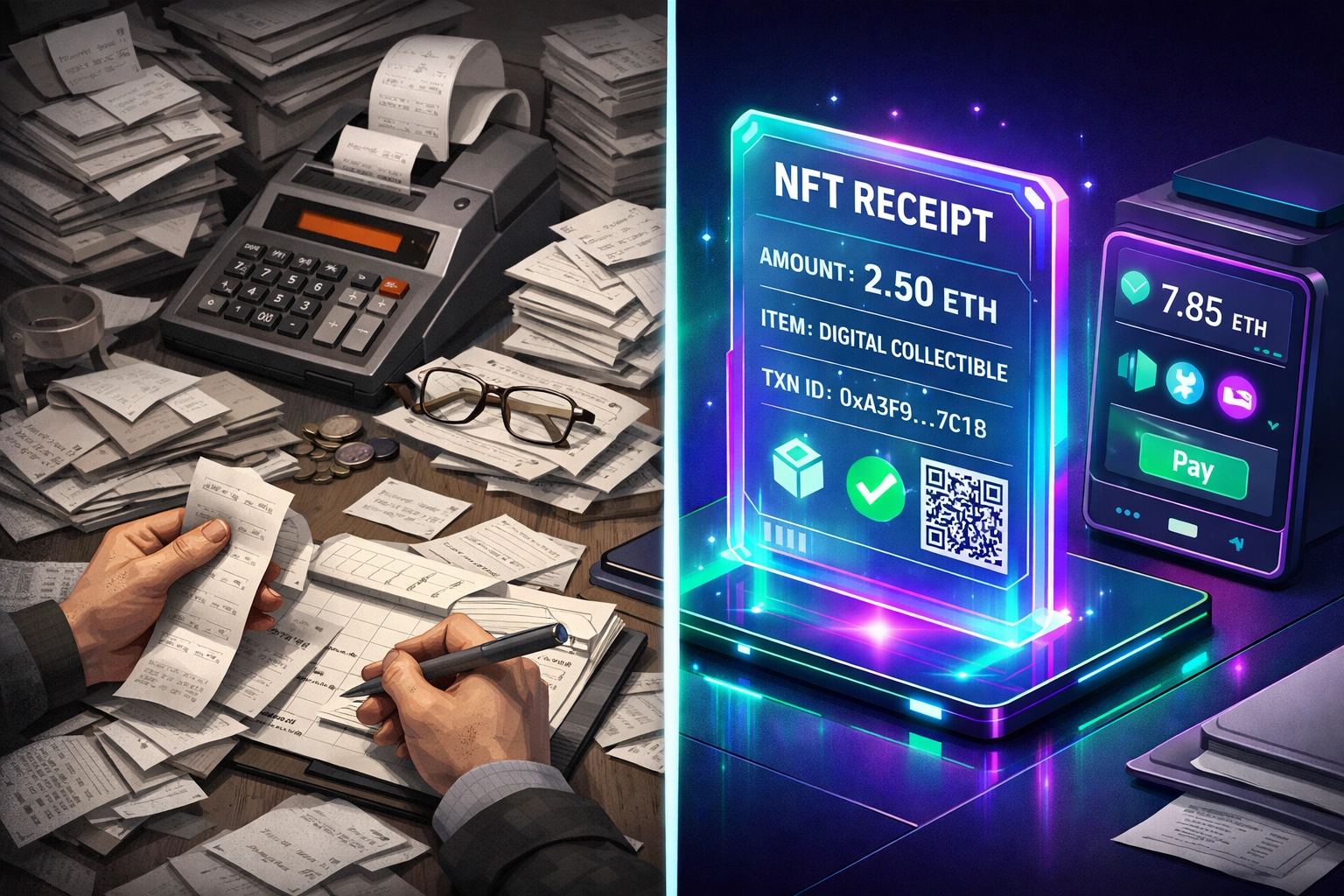 Traditional paper receipts versus NFT blockchain receipts for automated merchant accounting