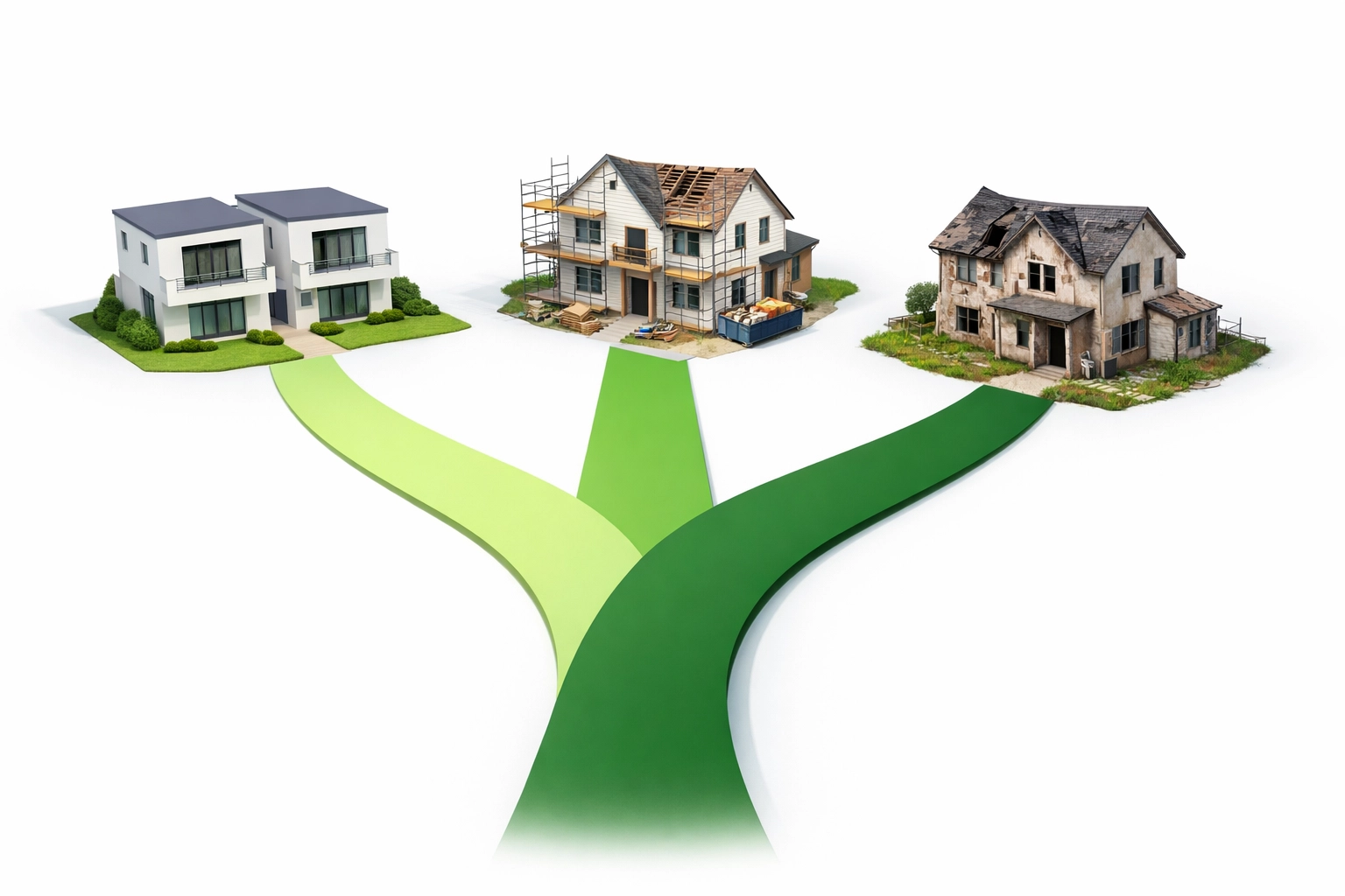 Three loan pathways leading to different property types: DSCR, bridge, and hard money