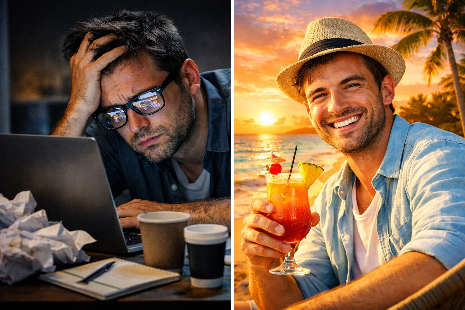 Traveler stressed at laptop booking holidays versus relaxing on beach - before and after
