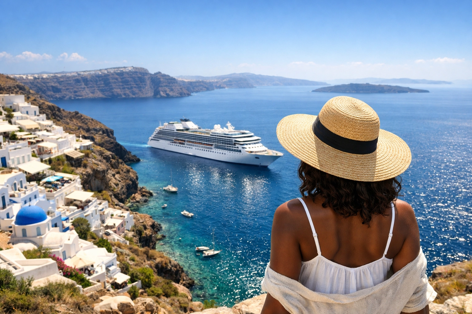 A traveler overlooking a luxury cruise ship in a Mediterranean port, secured by an expert cruise travel agent.