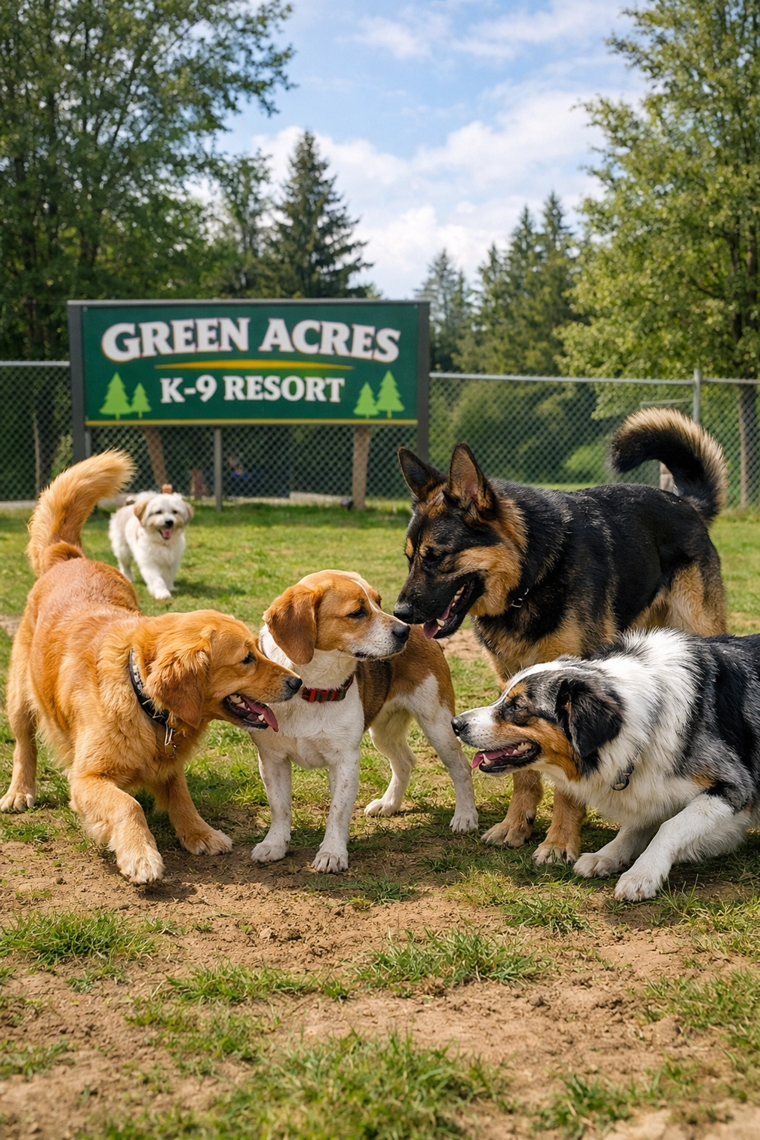 Dogs socializing in supervised playgroup at stress-free boarding environment