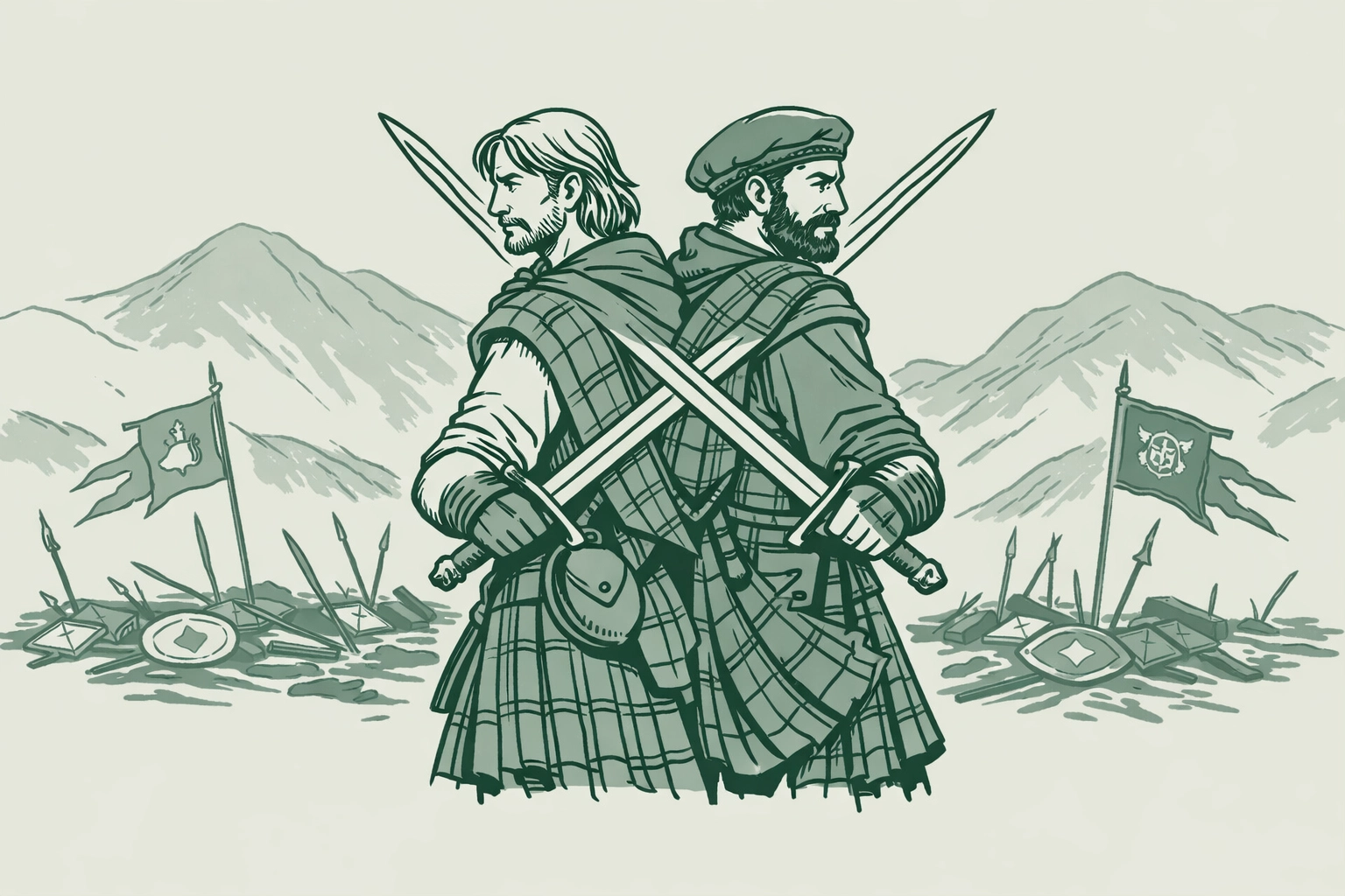 Highland clan warriors stand back-to-back on battlefield with swords and clan banners behind
