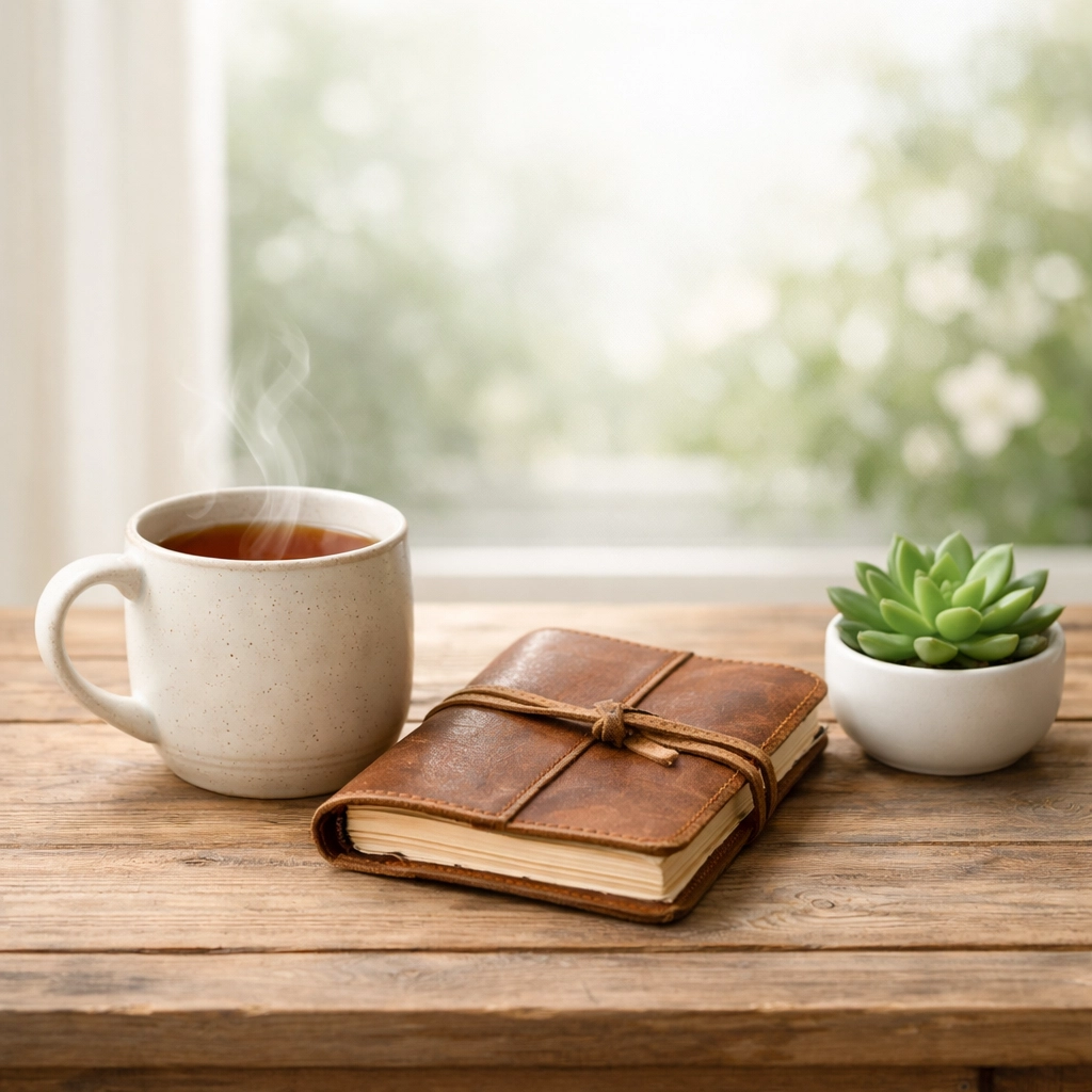 A calm morning scene with tea and a journal, representing the intentional stewardship of mental and physical health.
