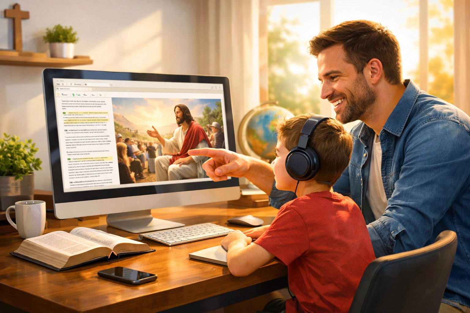 A father guides his son through a digital Bible study, demonstrating intentional Christian parenting and tech safety.