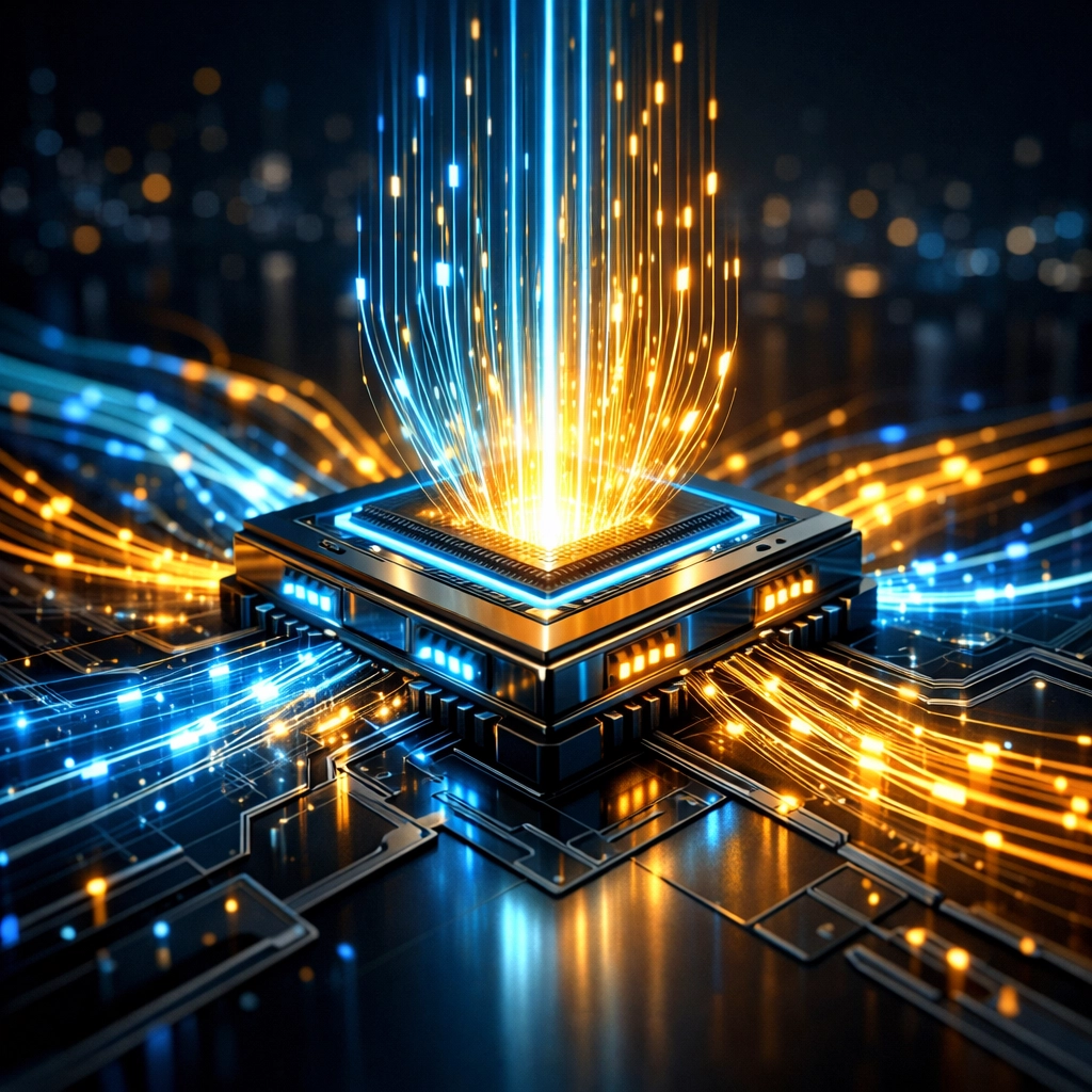 Glowing microchip processor representing a central AI automation engine for small business lead generation.