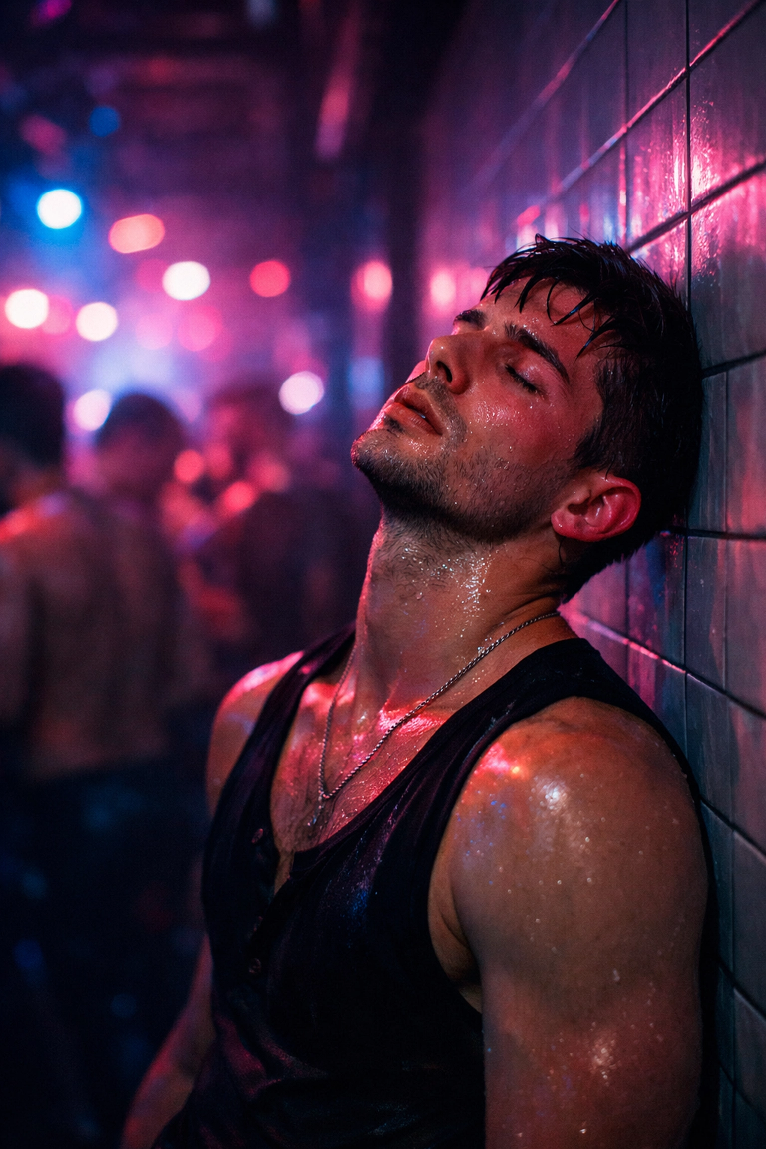 Exhausted man in a neon-lit bar, illustrating the mental health toll of the gay party scene and addiction.