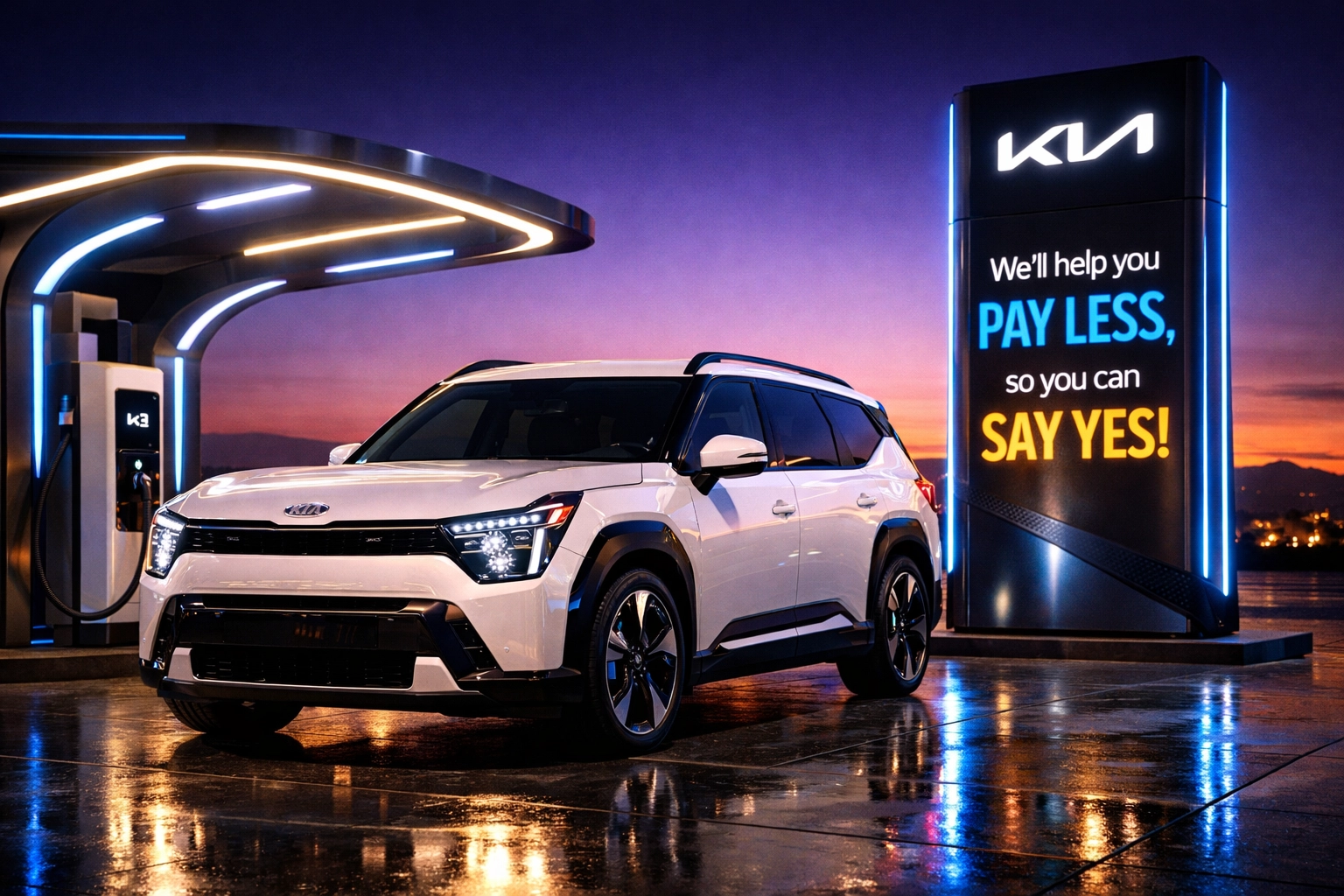 White Kia EV9 electric SUV charging at a station near Folsom and Elk Grove.